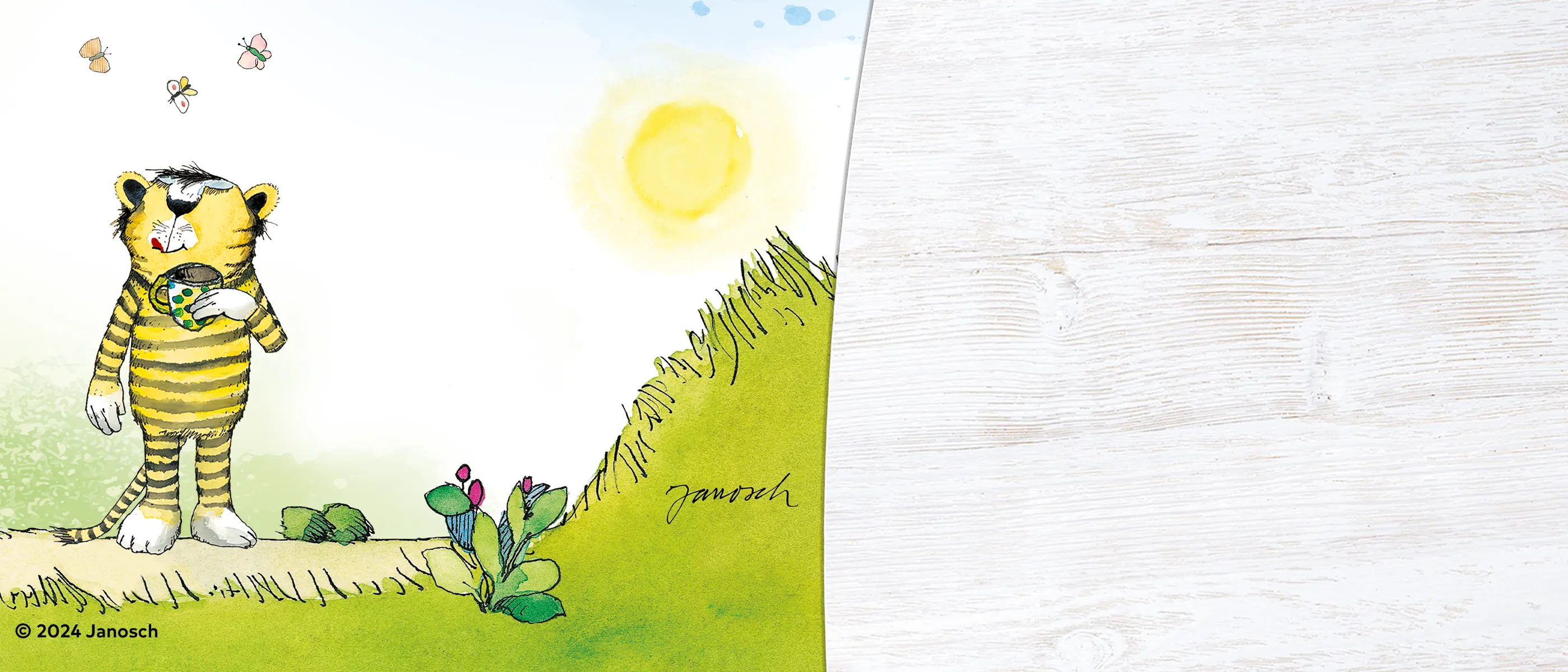 Illustration von Janosch mit Tigerfigur, die Tee trinkt, auf einem Hügel bei Sonnenschein und fliegenden Schmetterlingen
