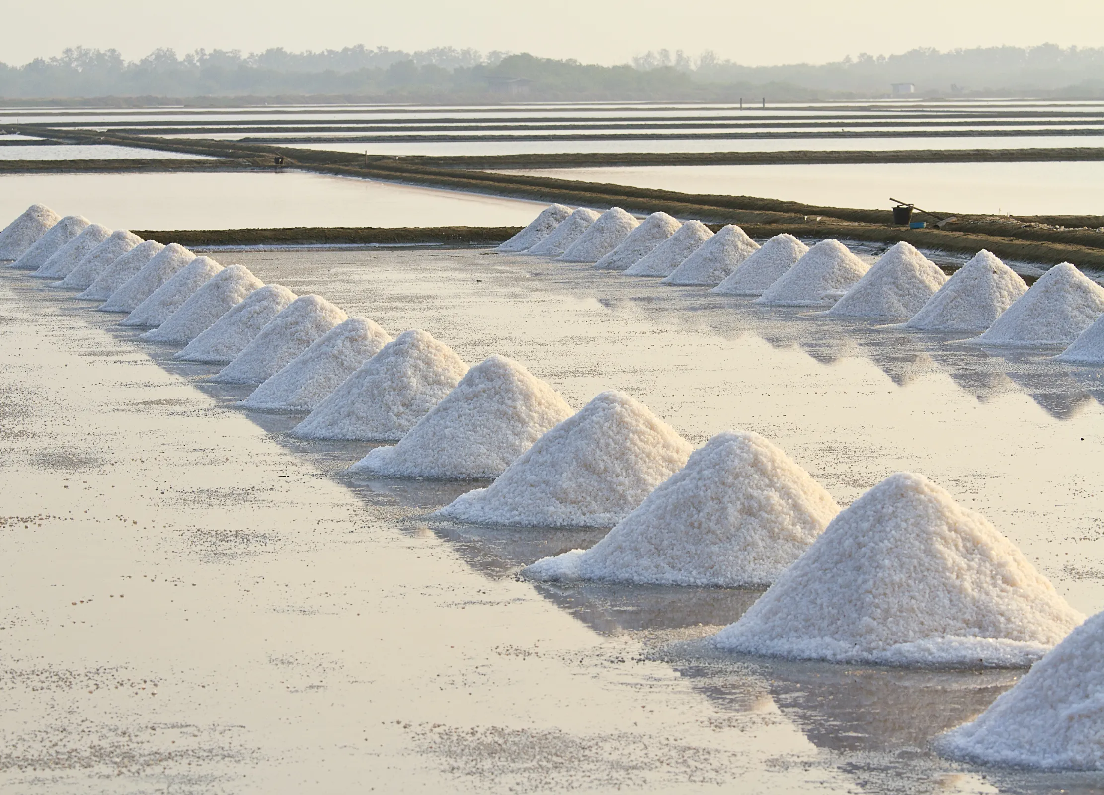 Meersalz-Salinen mit weißen Salzhaufen in Evaporationsbecken, traditionelle Salzgewinnung in Küstenlandschaft.