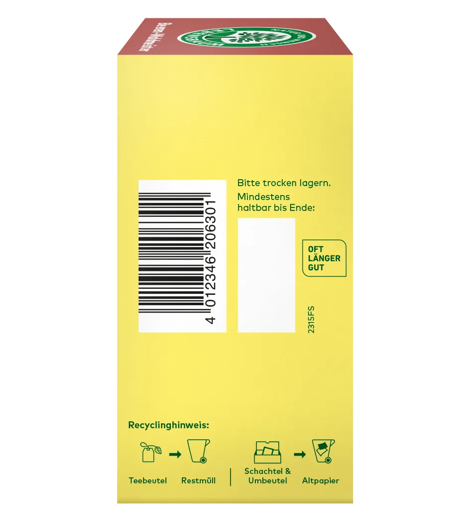 Rechtseite einer Teeverpackung mit Barcode, Lagerhinweisen und Recyclinghinweisen
