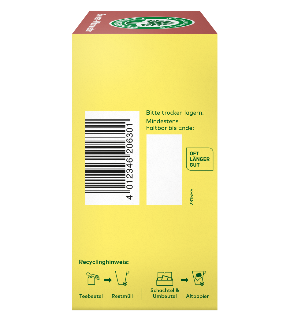 Rechtseite einer Teeverpackung mit Barcode, Lagerhinweisen und Recyclinghinweisen