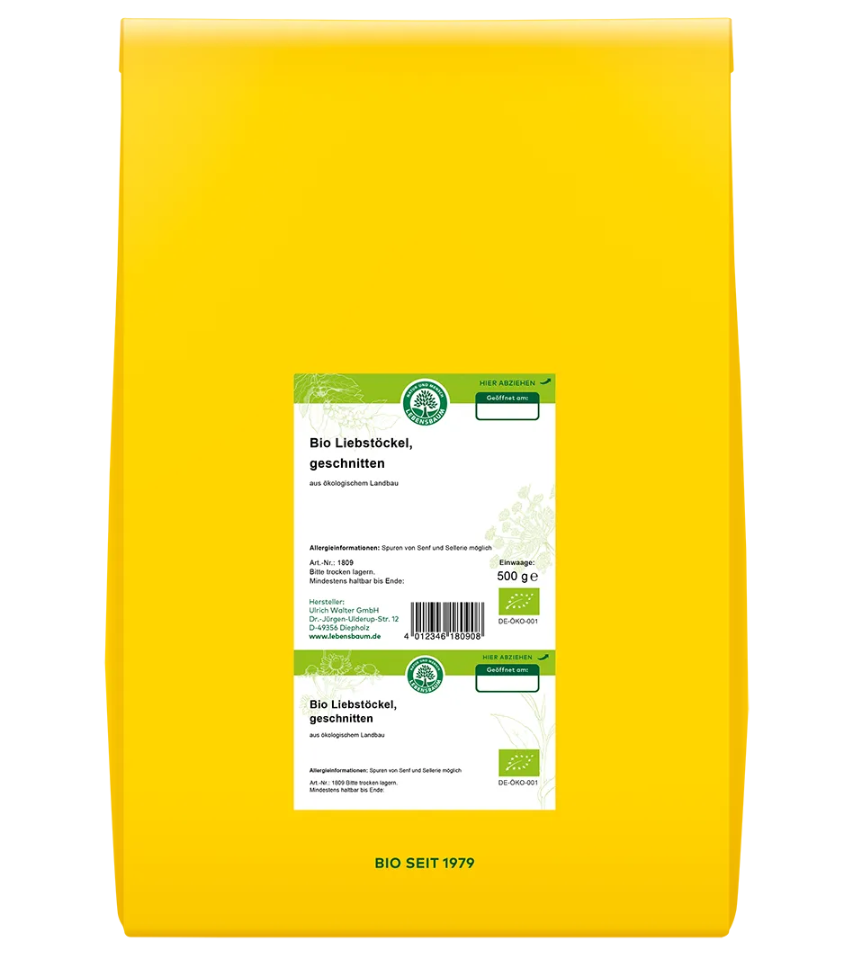 Bio Liebstöckel geschnitten, 500g, gelbe Verpackung aus ökologischem Landbau mit Bio-Zertifikat