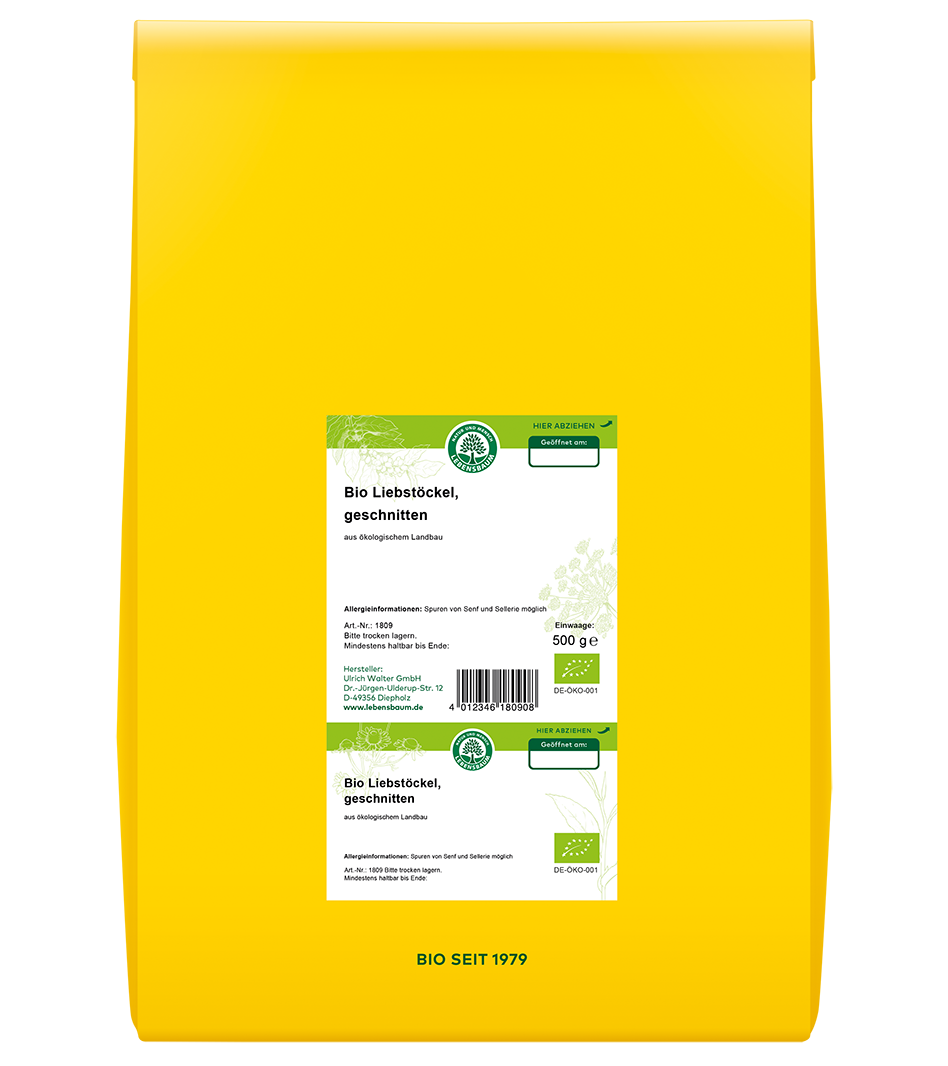 Bio Liebstöckel geschnitten, 500g, gelbe Verpackung aus ökologischem Landbau mit Bio-Zertifikat