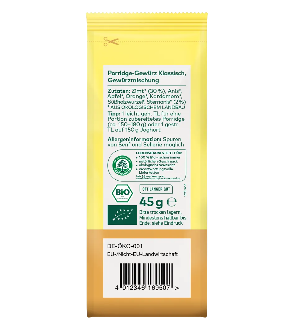 Bio Porridge-Gewürz Klassisch, 45g Packung. Gewürzmischung mit Zimt, Anis, Apfel und Orange. Gelbe Verpackung mit weißem Etikett und Bio-Siegel.