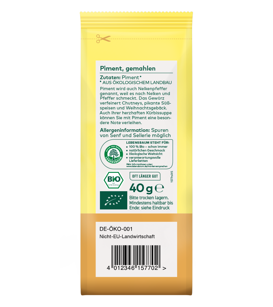 Bio Piment gemahlen 40g in gelber Verpackung mit braunem Boden, Öko-Zertifikat und Zutatenetikett.