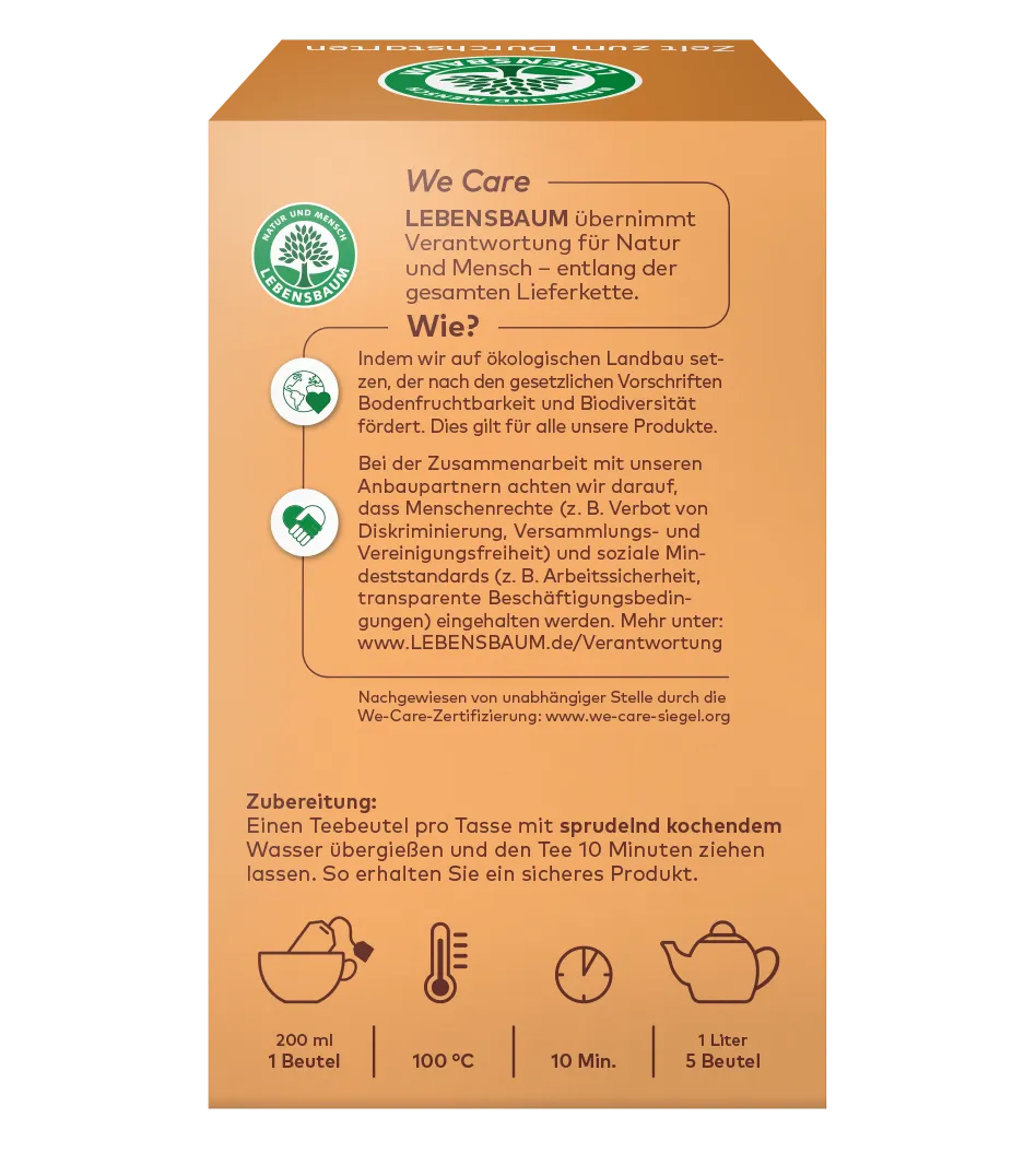 Lebensbaum Teeverpackung in Beige mit grünem Logo, Zubereitung 200ml Wasser 100°C 10 Minuten, We Care Zertifizierung für ökologischen Anbau und faire Arbeitsbedingungen.