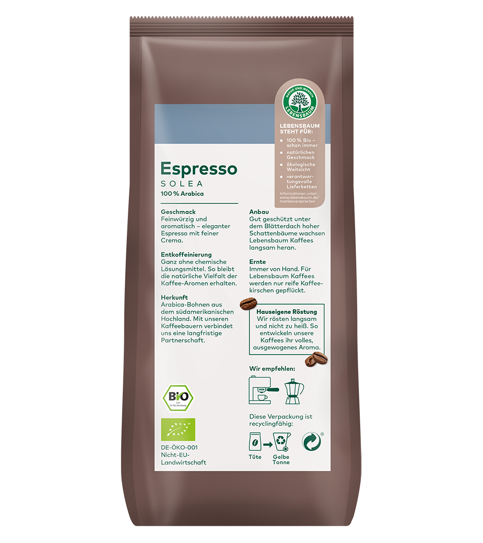 Bio Espresso Solea entkoffeiniert Rückseite