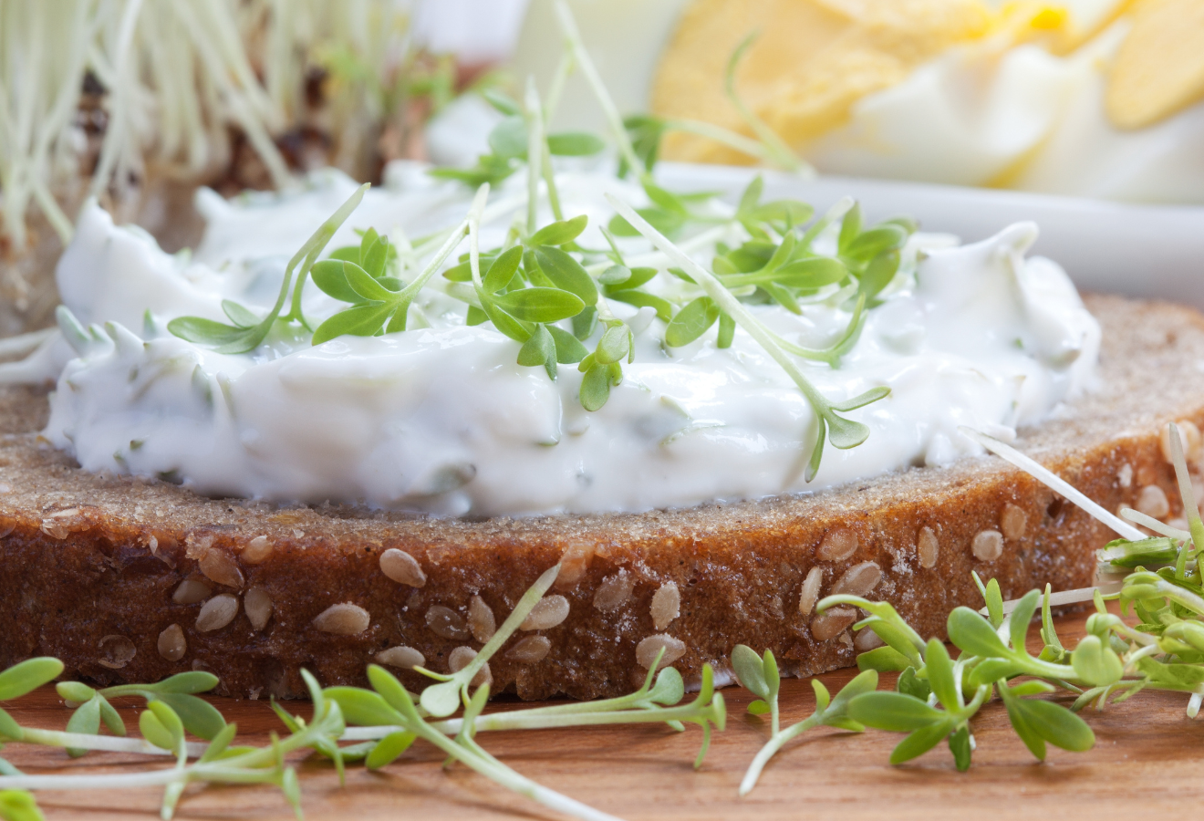 Kräutercreme auf Brot mit Kresse garniert