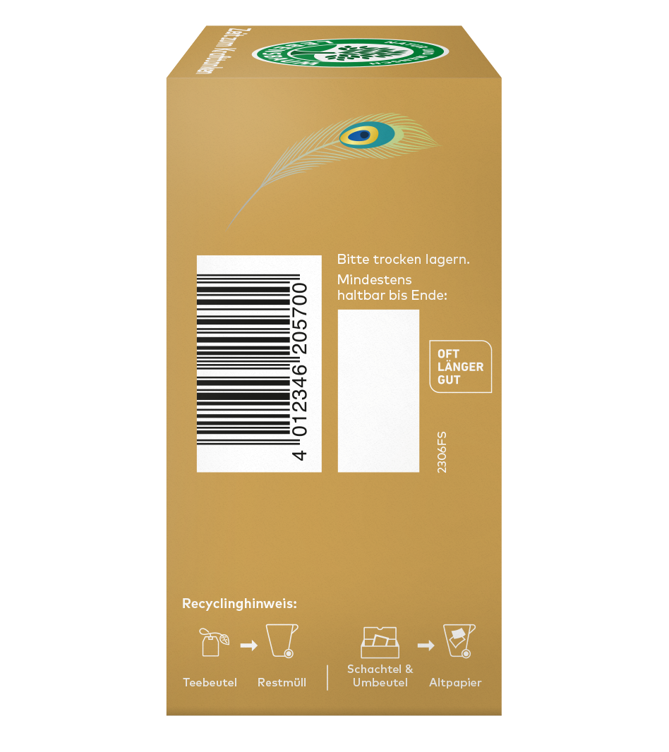 Rechtseite einer Teeverpackung mit Barcode, Lagerhinweisen und Recyclinghinweisen