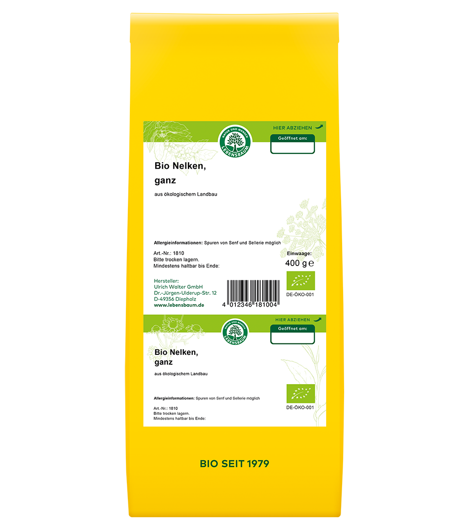 Bio Nelken ganz, 400 g Packung, aus ökologischem Landanbau, Lebensbaum, gelb mit grünen Etiketten