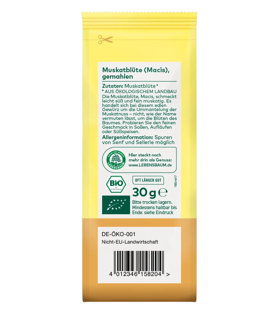Bio Muskatblüte (Macis) gemahlenes Gewürz, 30g, gelbe Verpackung mit grünem Bio-Siegel und Öko-Zertifikat