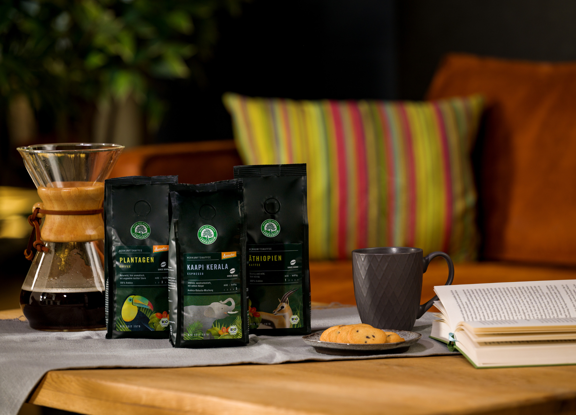 Kaffeespezialitäten von Lebensbaum mit Kaffeetasse, Keks, offenem Buch und einer Chemex-Kanne auf einem Tisch