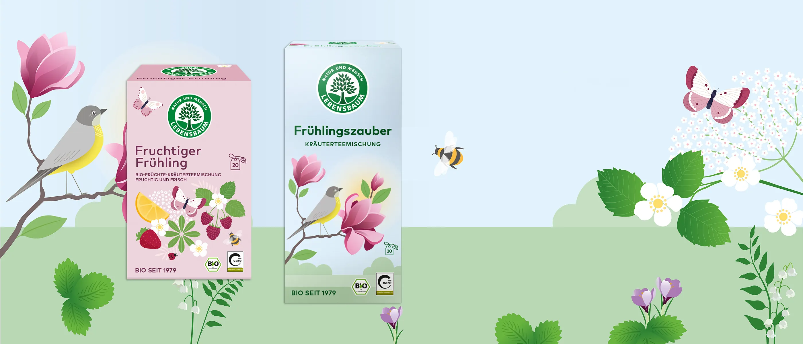 Frühjahrstee-Kollektion mit zwei Packungen „Fruchtiger Frühling" und „Frühlingszauber" von Lebensbaum auf grünem Hintergrund mit Blüten, Vögeln und Bienen