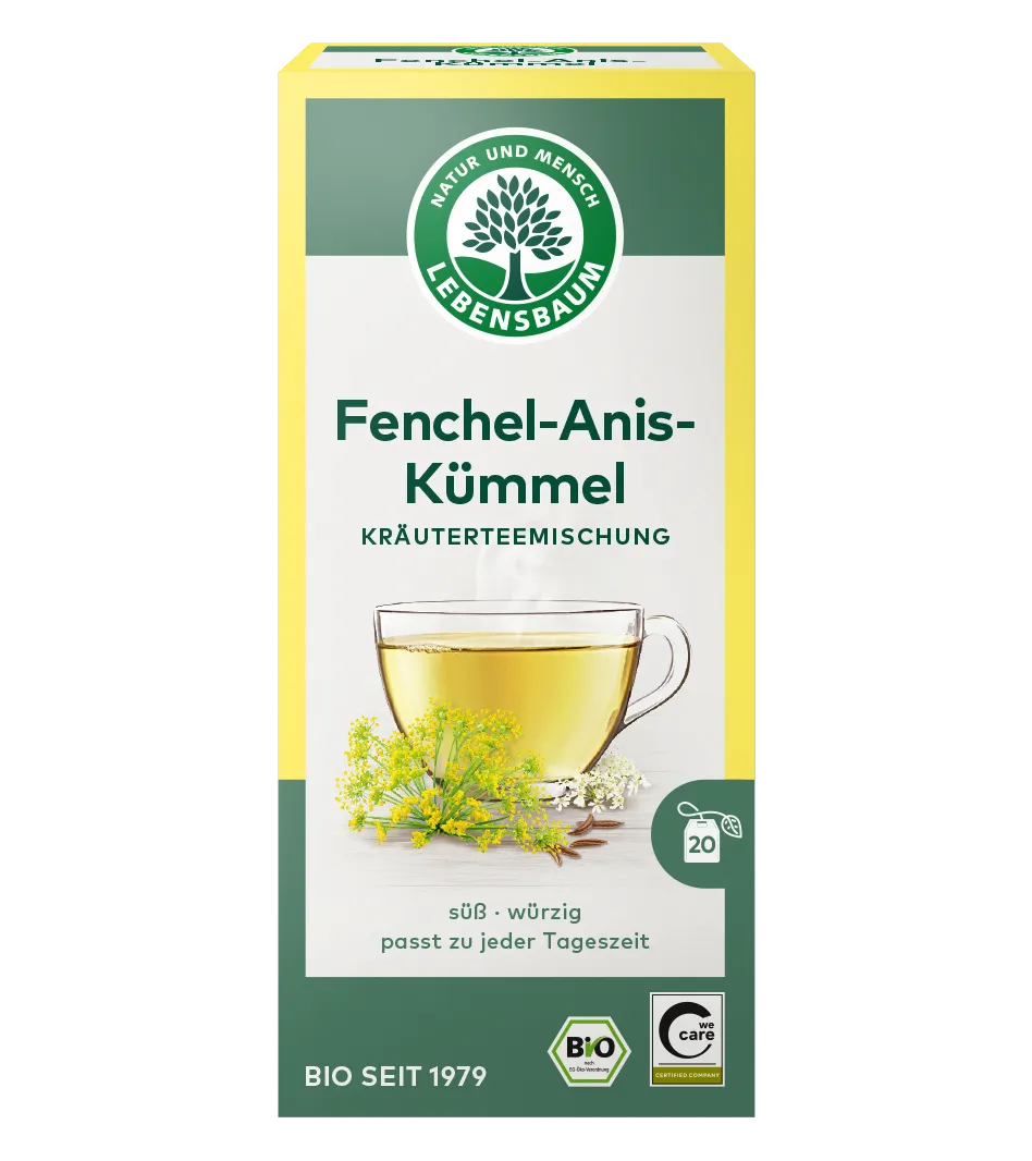 Lebensbaum Fenchel-Anis-Kümmel Kräuterteemischung, 20 Beutel, Bio-Qualität, grün-gelbe Packung mit Teetasse