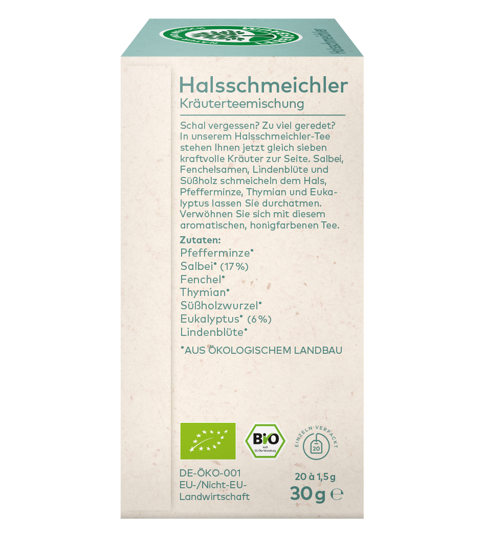linke Seite Verpackung einer Kräuterteemischung ,,Halsschmeichler Tee" mit Zutatenangaben und Bio-Siegeln 