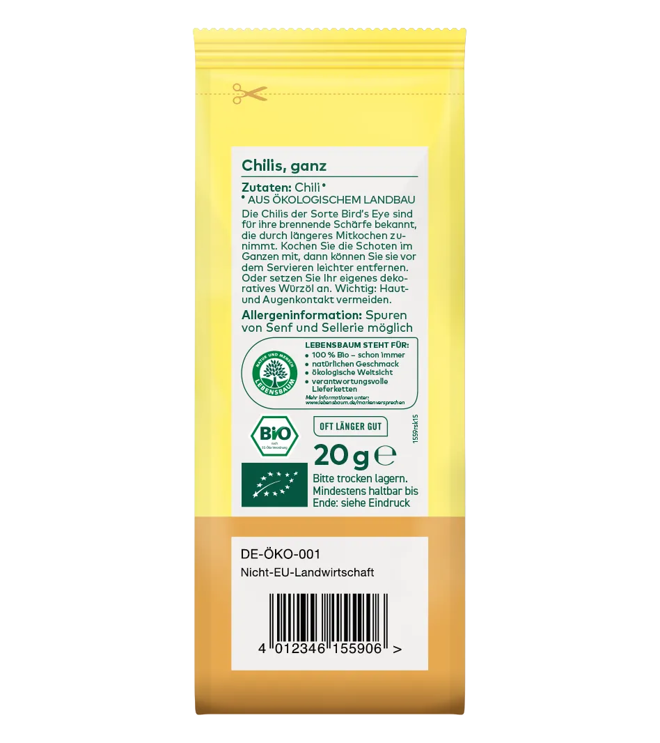 Bio Chilis ganz, 20g Packung, gelb-braun, aus ökologischem Anbau, Lebensbaum-Qualität
