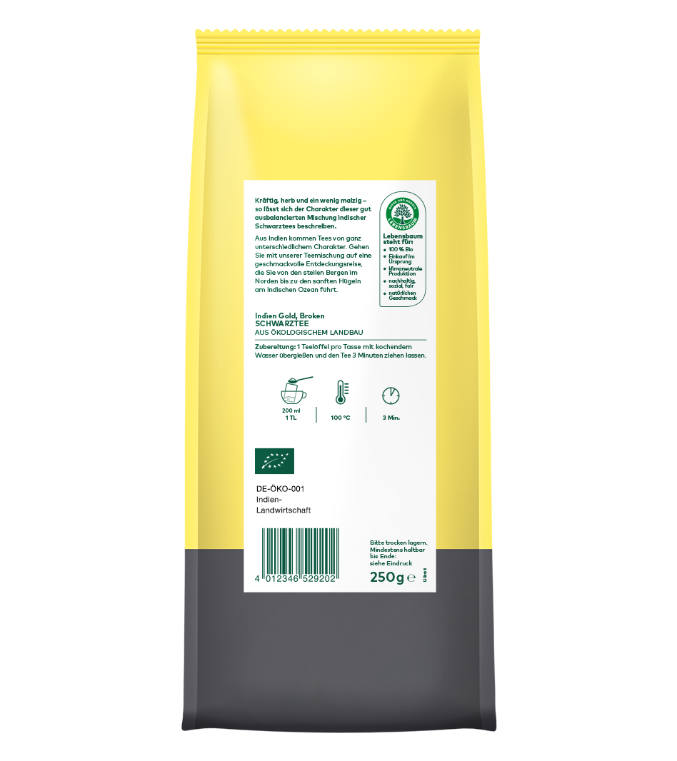Indien Gold Broken Schwarztee Bio, 250g gelb-schwarze Verpackung mit Zubereitungsanleitung und Öko-Zertifikat