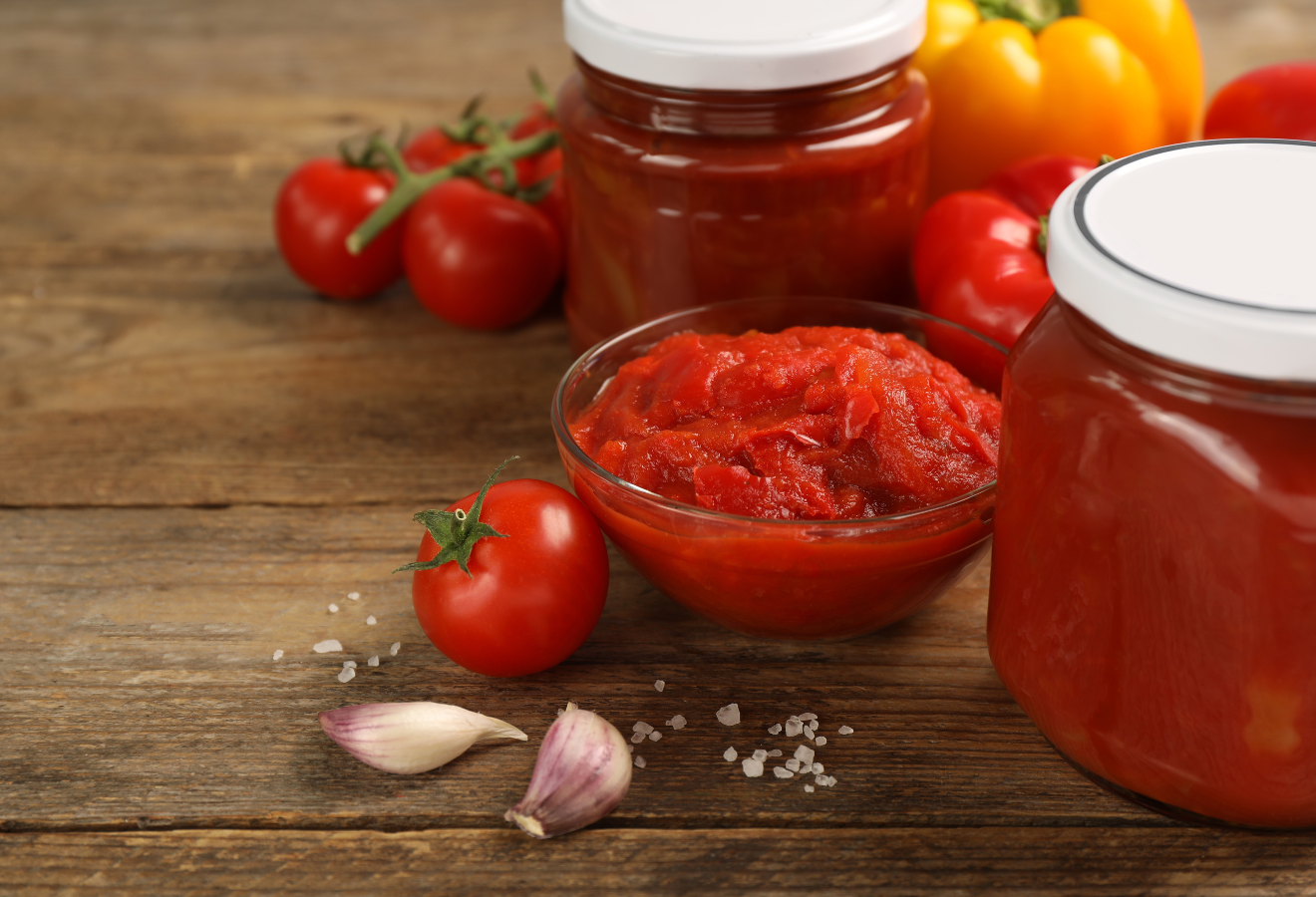 Grill-Ketchup in einem Glasschälchen mit Tomaten und Knoblauchzehen daneben