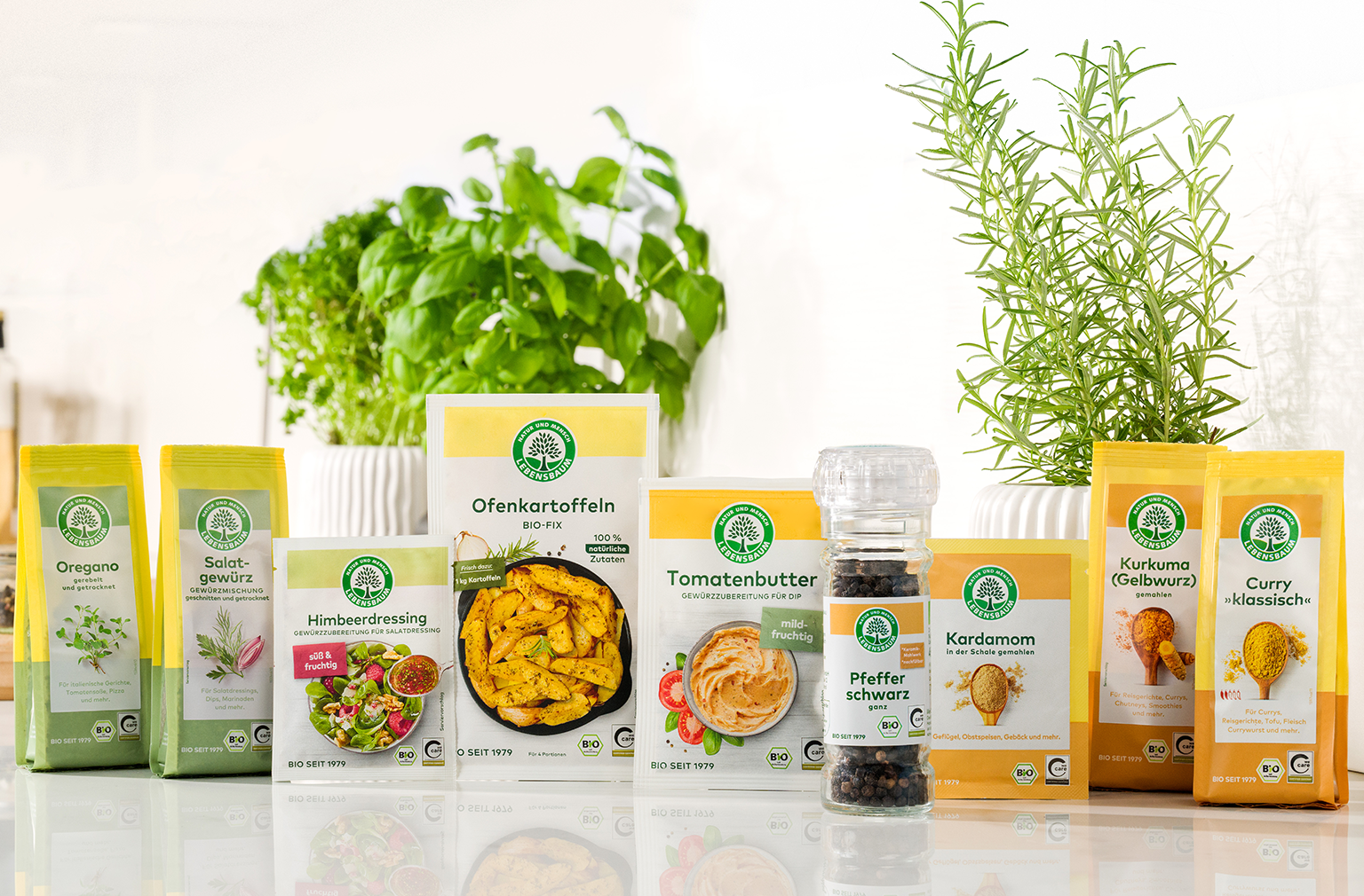 Bio-Gewürze und Würzmischungen von Bio Seit 1979: Oregano, Salatgewürz, Himbeerdressing, Ofenkartoffeln, Tomatenbutter, Pfefferschwarz und Kurkuma Curry in gelben und orangefarbenen Verpackungen mit frischen Kräutern im Hintergrund.