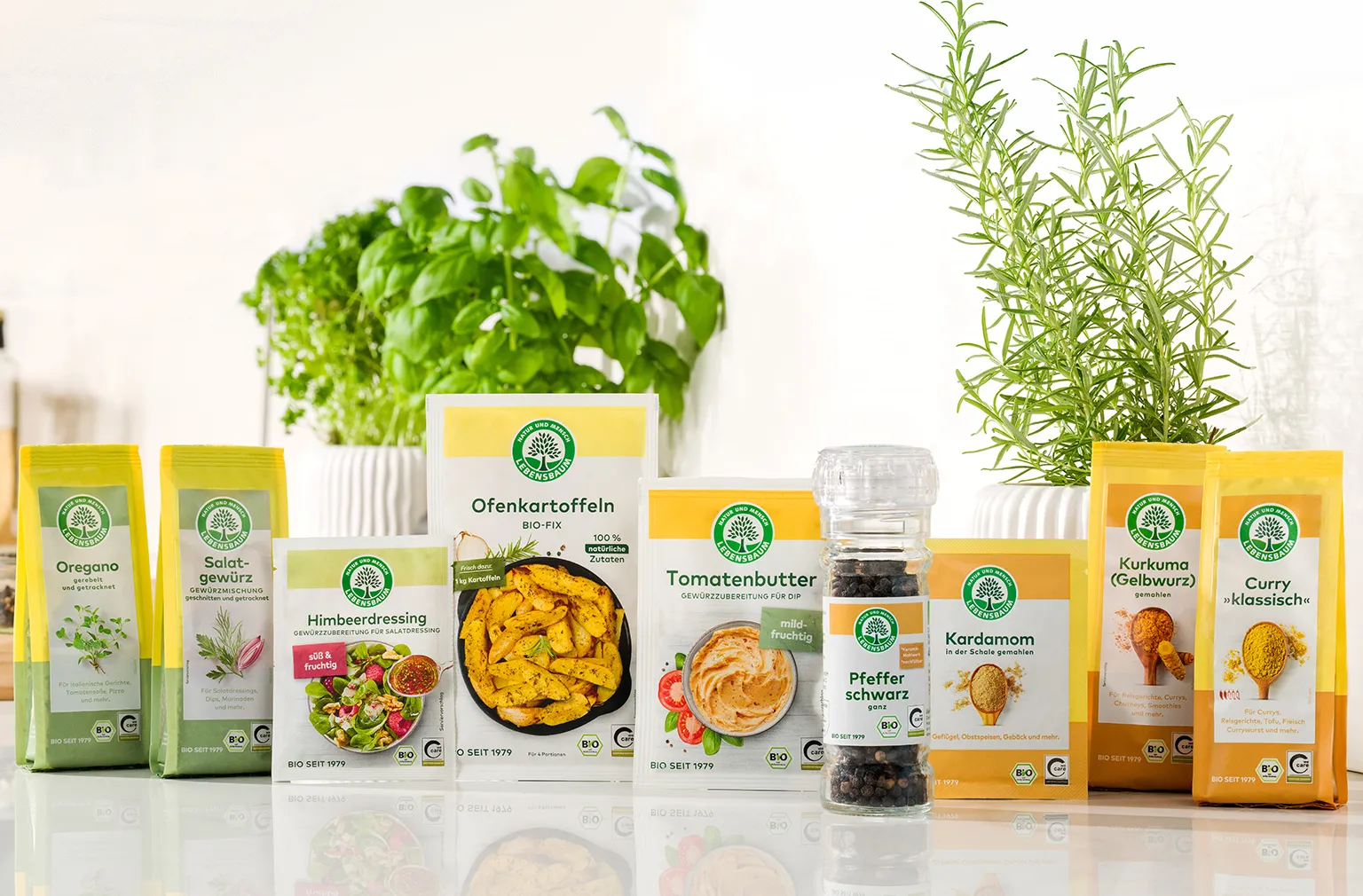 Bio-Gewürze und Würzmischungen von Bio Seit 1979: Oregano, Salatgewürz, Himbeerdressing, Ofenkartoffeln, Tomatenbutter, Pfefferschwarz und Kurkuma Curry in gelben und orangefarbenen Verpackungen mit frischen Kräutern im Hintergrund.