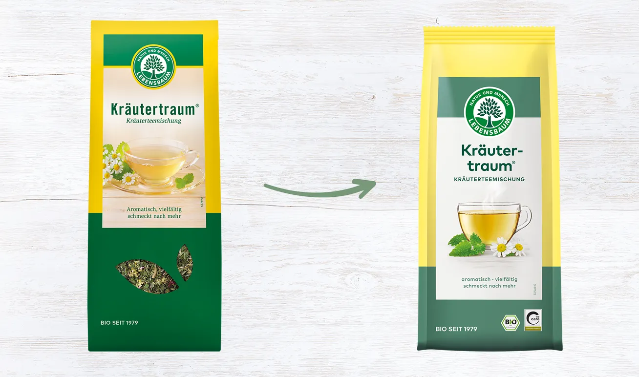 Alte und neue Verpackung des Kräutertraum-Tees von Lebensbaum im Vergleich