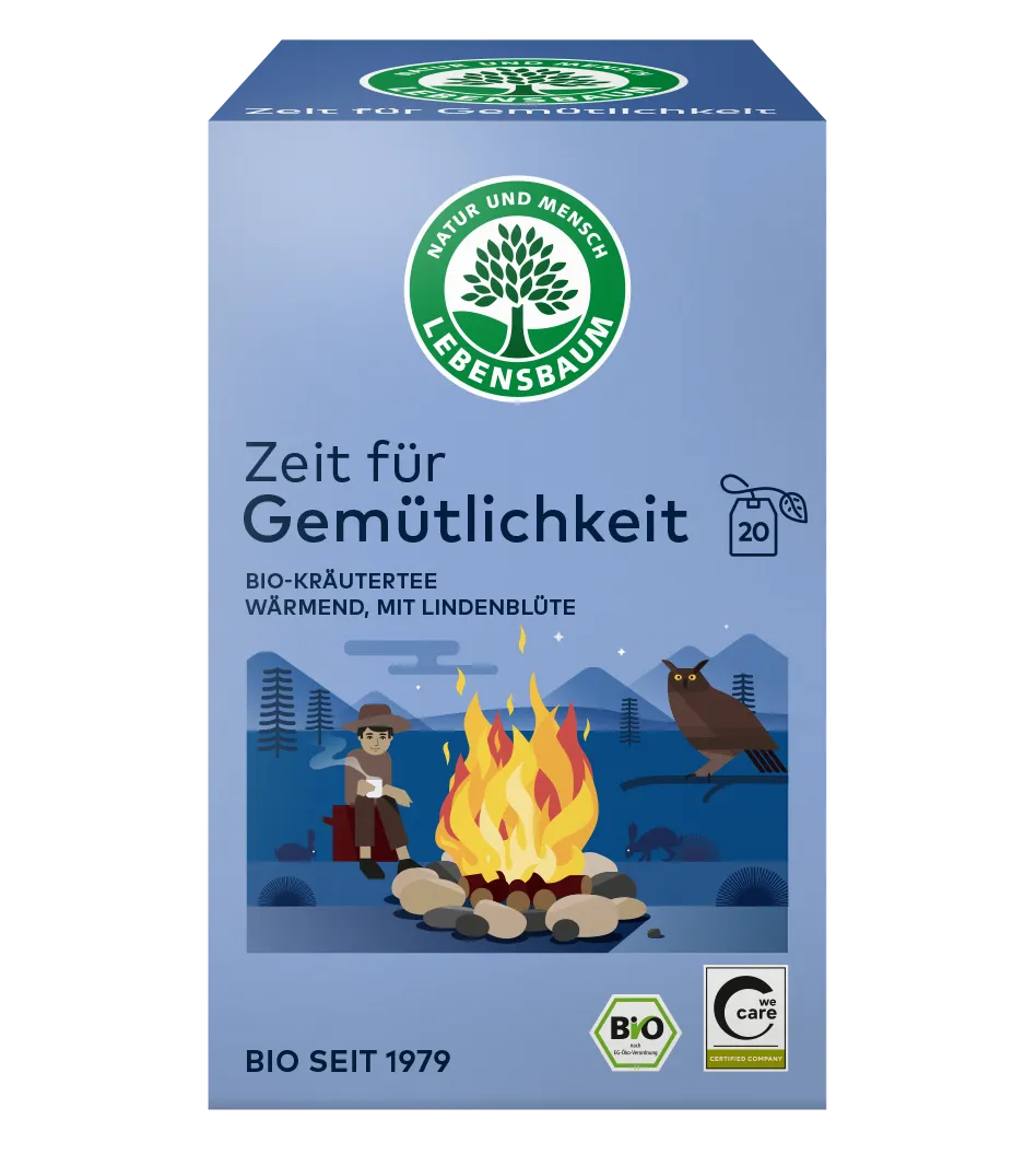 Bio-Kräutertee "Zeit für Gemütlichkeit" von Lebensbaum mit Lindenblüte, 20 Teebeutel, hellblaue Packung mit Lagerfeuer-Illustration