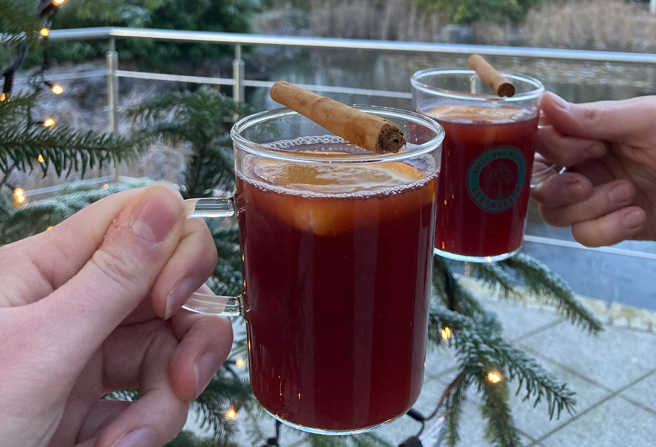 Glüh-Gin in zwei Glas-Tassen mit Zimtstangen garniert