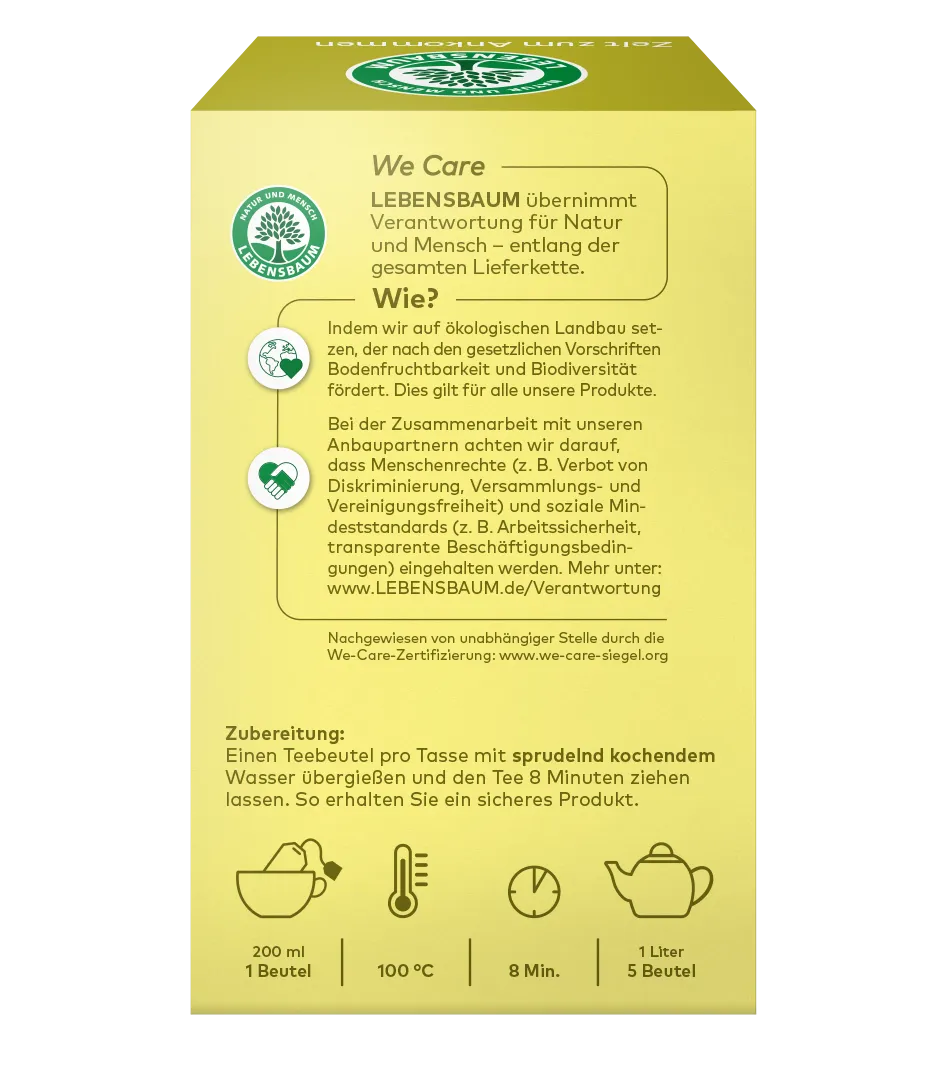 Lebensbaum Teepackung mit gelbem Design, We Care Zertifizierung und Zubereitungsanleitung: 200 ml pro Beutel, 100°C, 8 Minuten, 5 Beutel pro Liter.