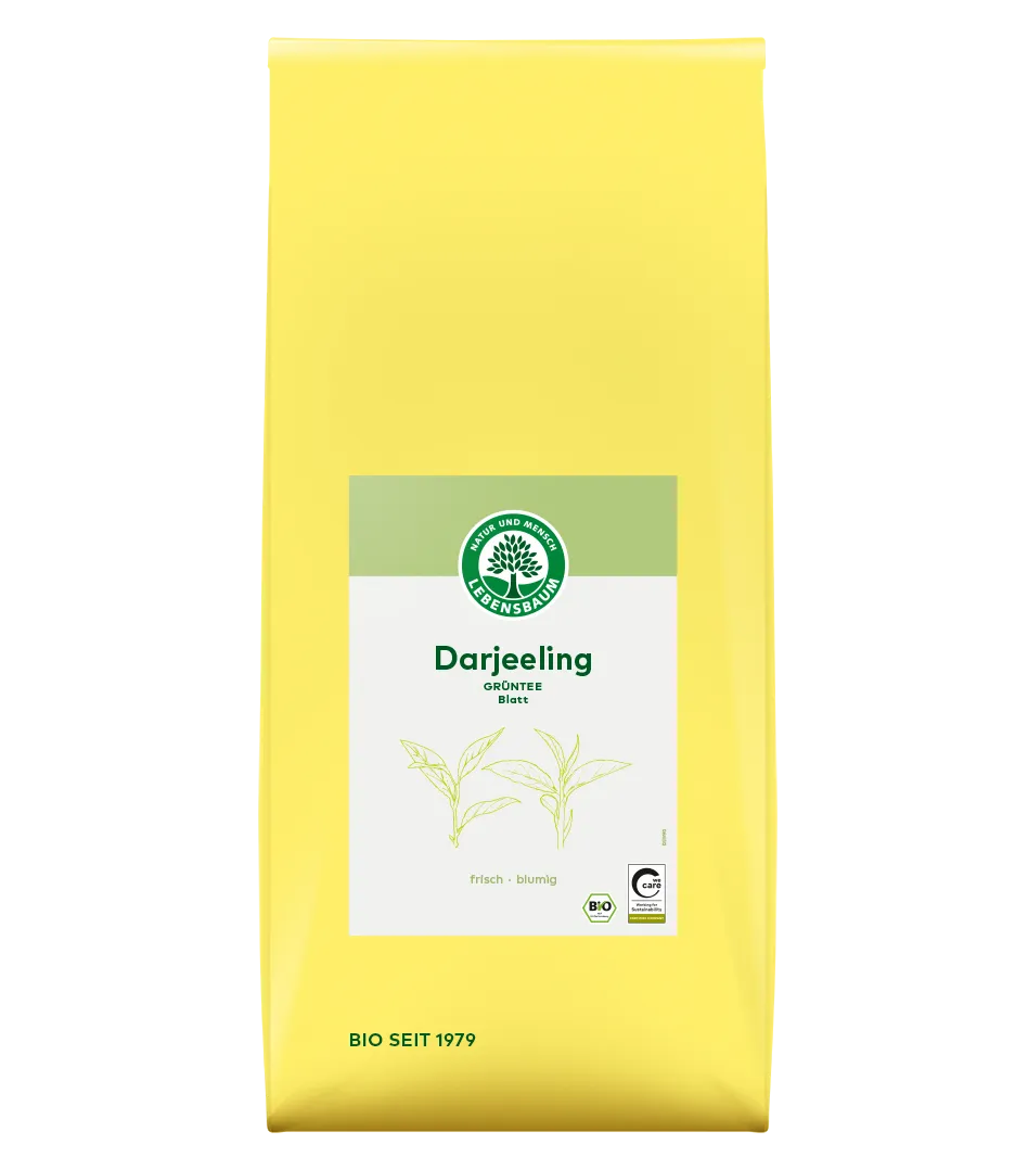 Darjeeling Grüntee Blatt von Lebensbaum, Bio-Verpackung in Gelb-Grün, frisch-blumig, 1kg