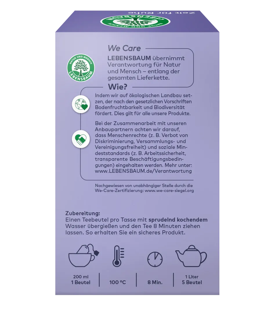 Lila Tee-Verpackung Lebensbaum mit We-Care-Zertifikat, Zubereitungsanleitung: 200ml Wasser, 100°C, 8 Minuten, 1 Liter 5 Beutel