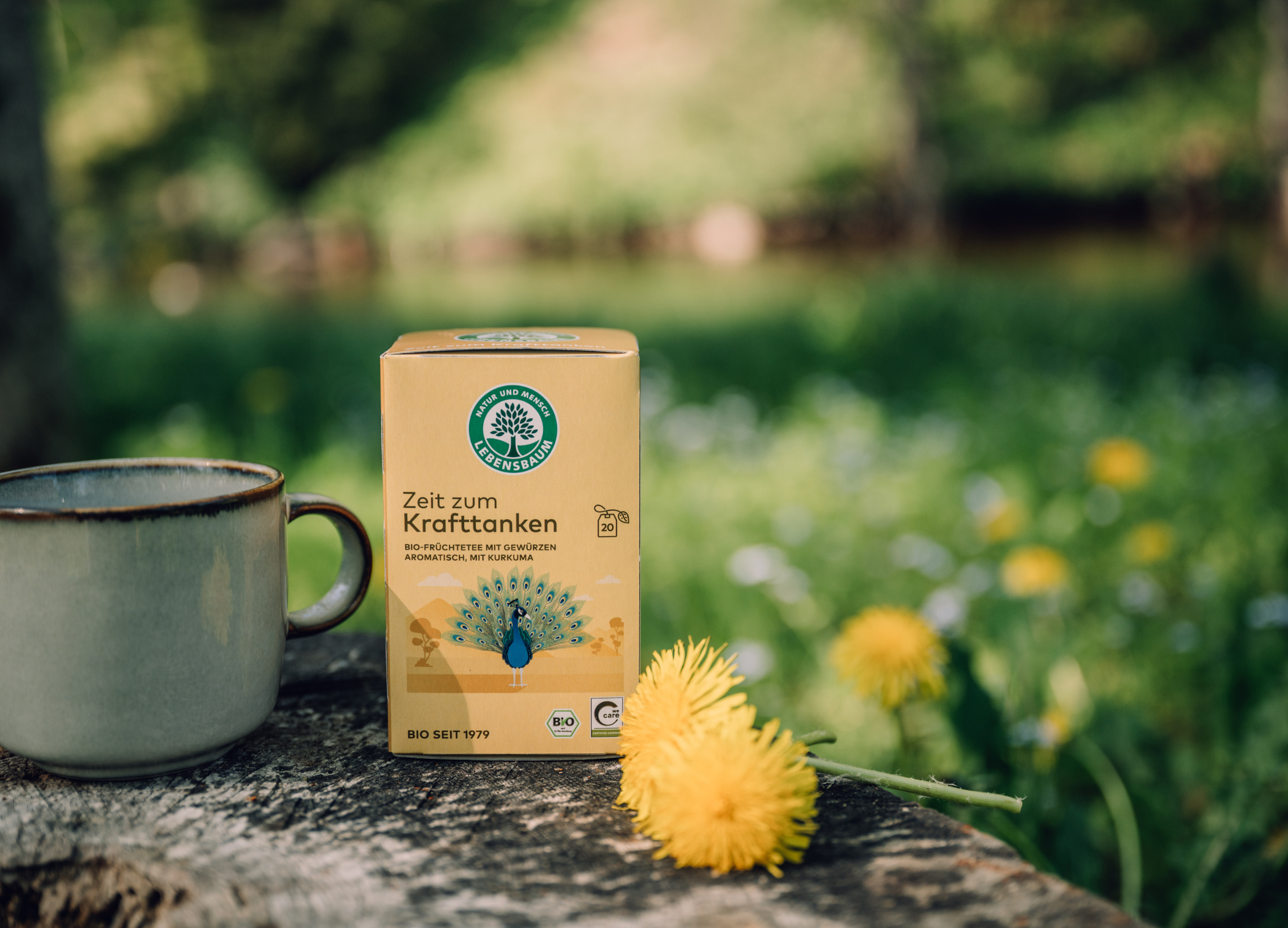 Zeit zum Krafttanken Teepackung mit Pfaumotiv steht neben einer Keramiktasse auf einem Baumstamm im Grünen