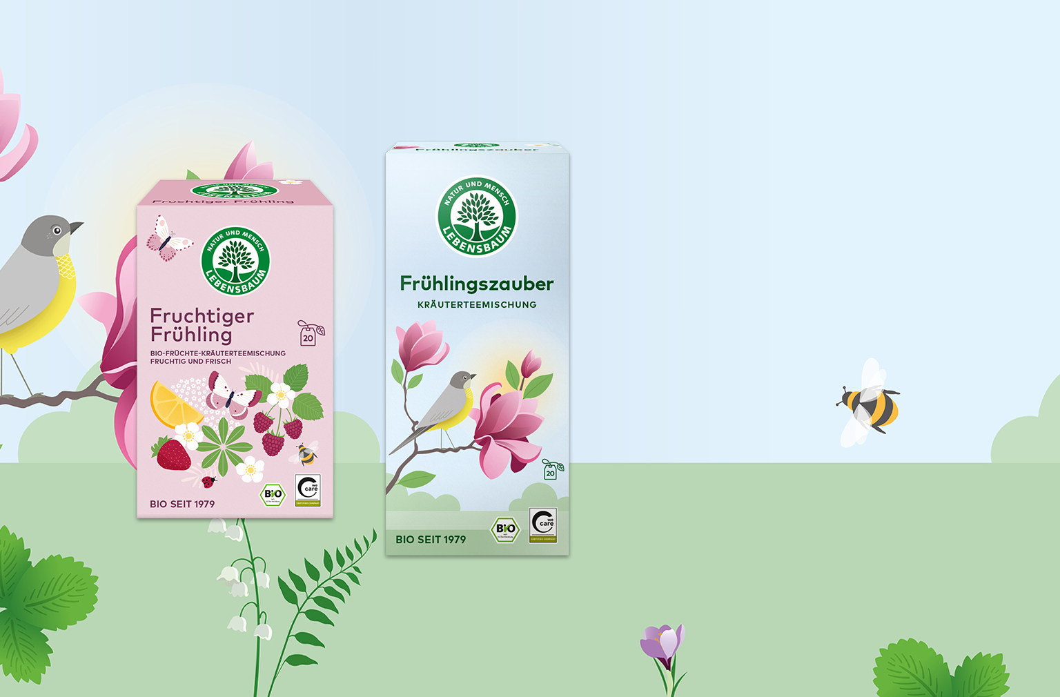 Zwei Packungen Frühlingstee vor einer bunten Frühlingswiese mit Illustrationen von Blumen, Vögeln und Insekten