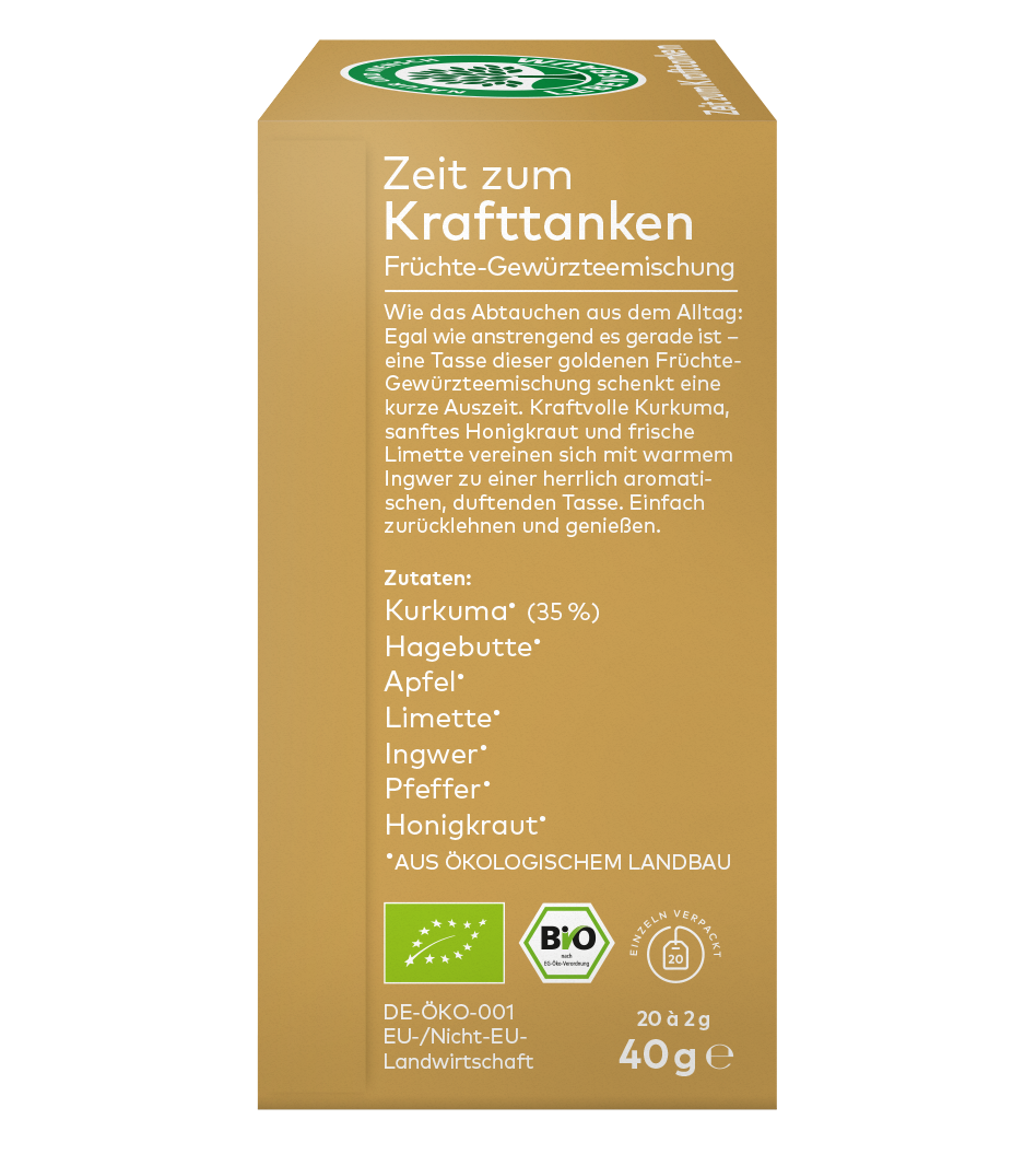 linke Seite Verpackung einer Früchtetee mit Gewürzteemischung ,,Zeit zum Krafttanken" mit Zutatenangaben und Bio-Siegeln 