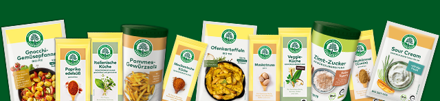 Promotionsbanner mit fünf Gewürzpackungen auf grünem Hintergrund