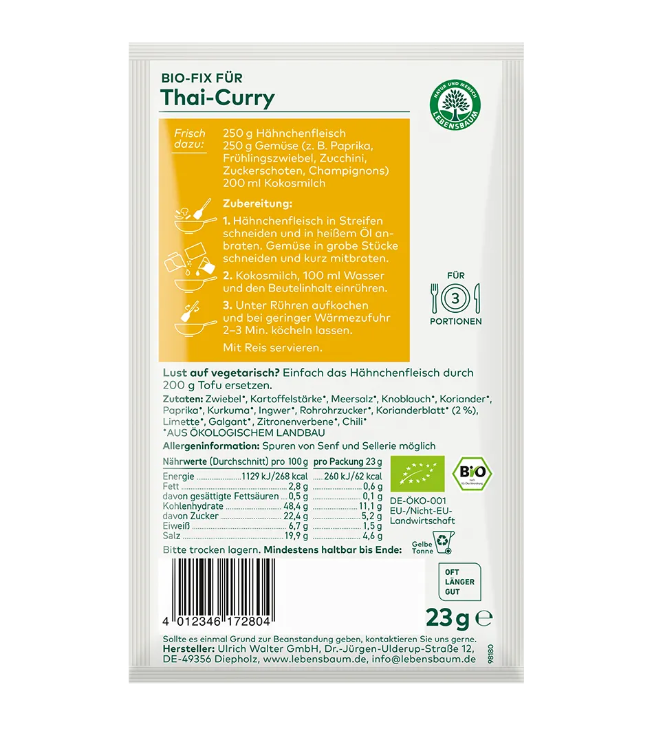 Bio-Fix für Thai-Curry von Lebensbaum, 23g Gewürzmischung mit Hähnchenfleischschnitzeln, Gemüse und Kokosmilch, für 3 Portionen
