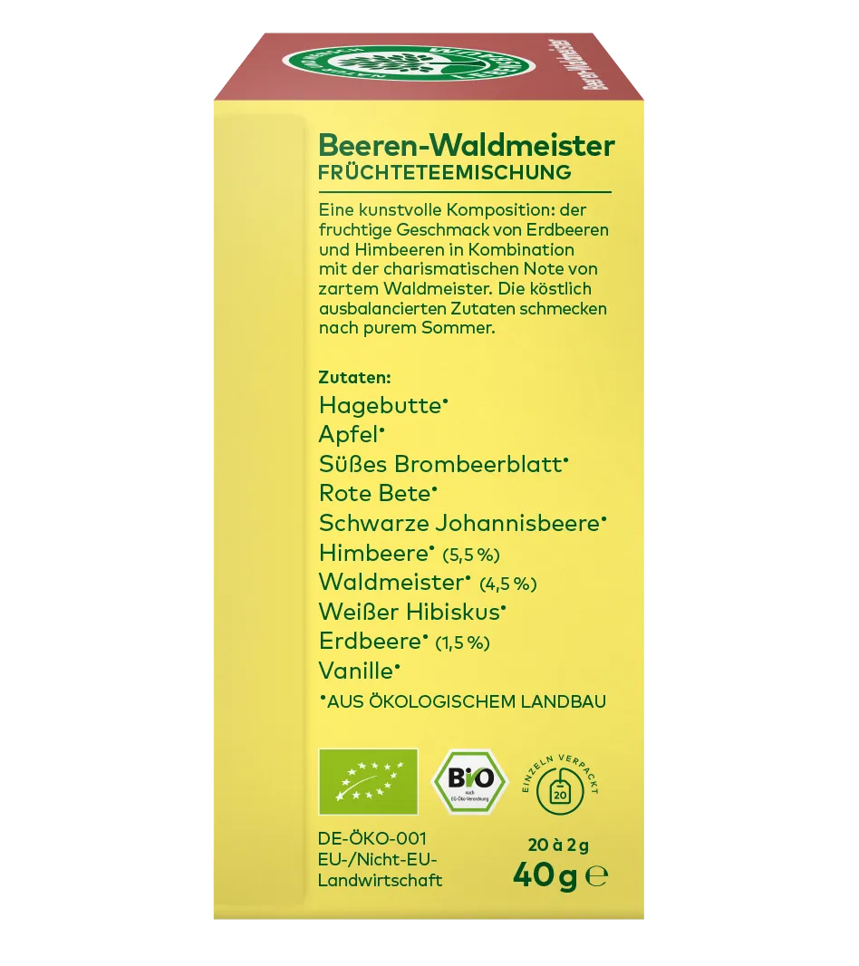  linke Seite Verpackung einer Früchte Teemischung ,,Beeren Waldmeister" mit Zutatenangaben und Bio-Siegeln 