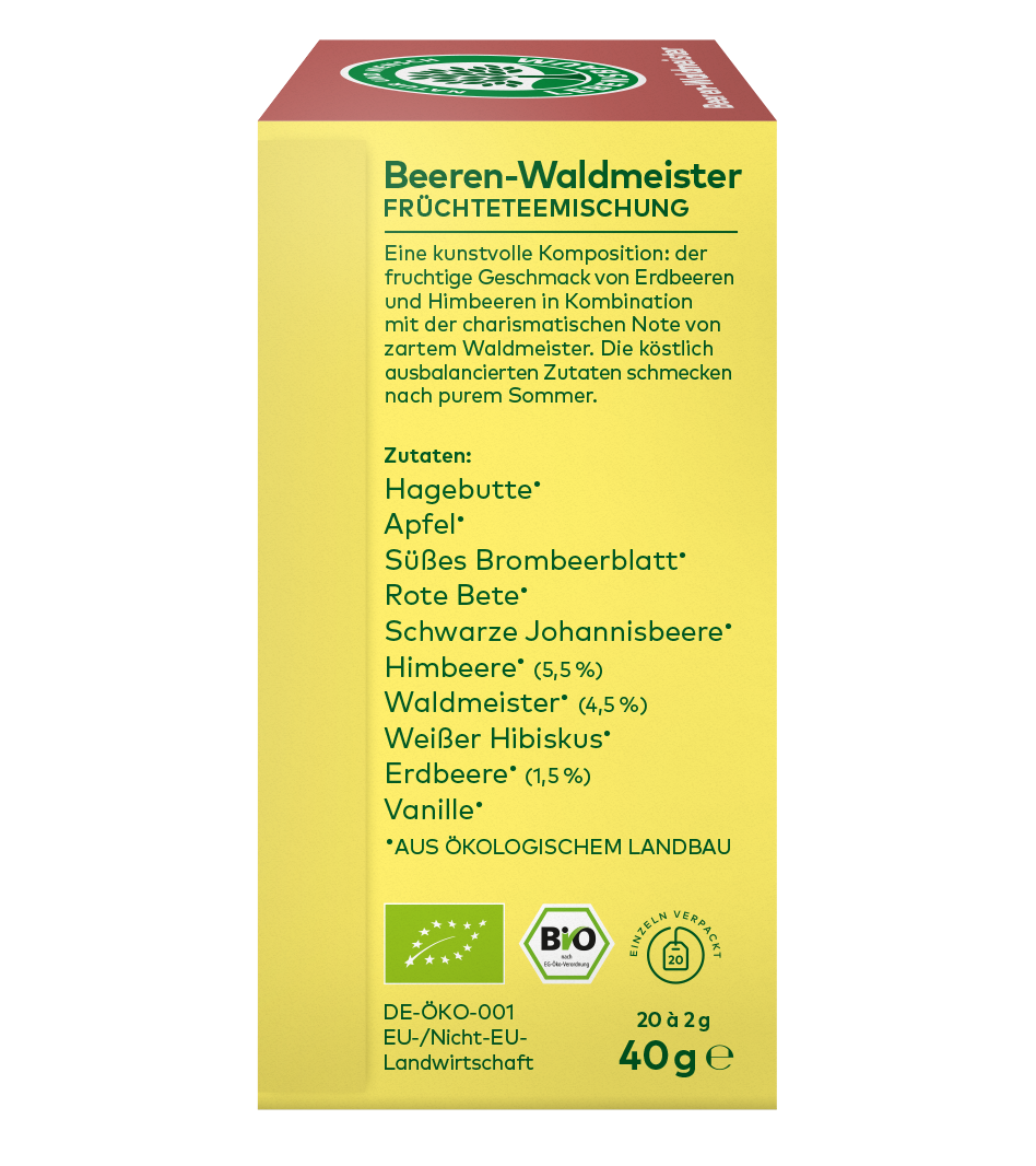  linke Seite Verpackung einer Früchte Teemischung ,,Beeren Waldmeister" mit Zutatenangaben und Bio-Siegeln 