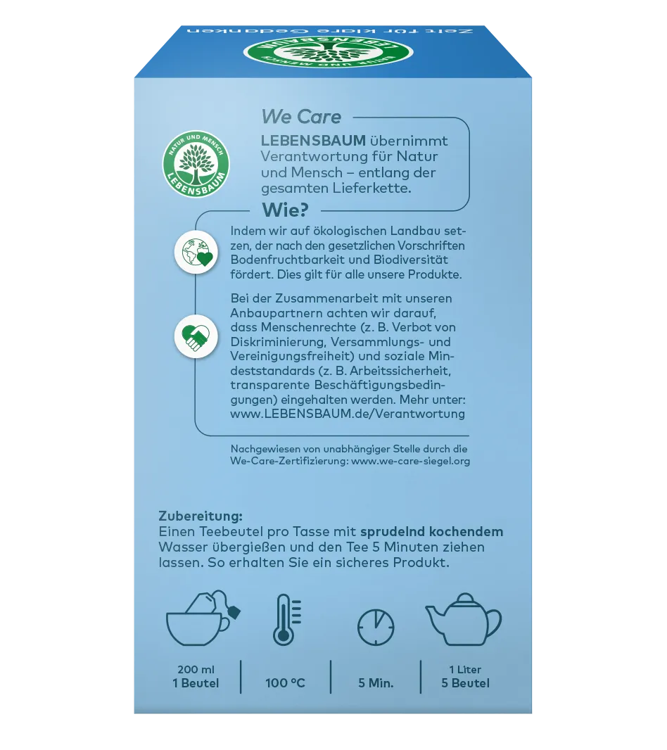 Hellblaue Teepackung mit Lebensbaum-Logo, Zubereitung in 5 Min bei 100°C, Zertifizierung und ökologischer Anbau-Informationen