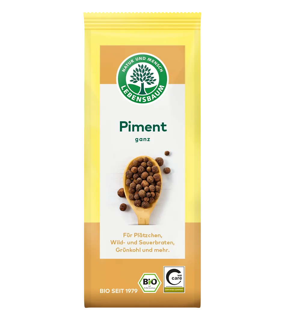 Lebensbaum Bio Piment ganz in gelber Verpackung mit Holzlöffel voller brauner Pimentkörner, Bio-Siegel sichtbar