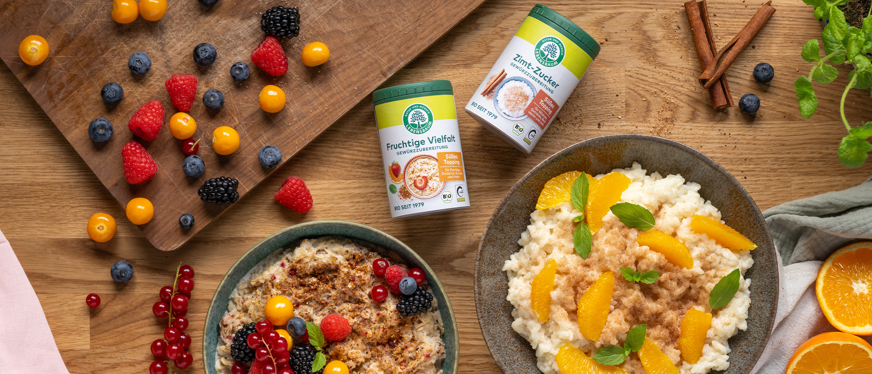 Zwei Schalen mit Porridge und Milchreis, garniert mit frischen Früchten und Gewürzen, daneben Streuer mit Zimt-Zucker und Fruchtige-Vielfalt