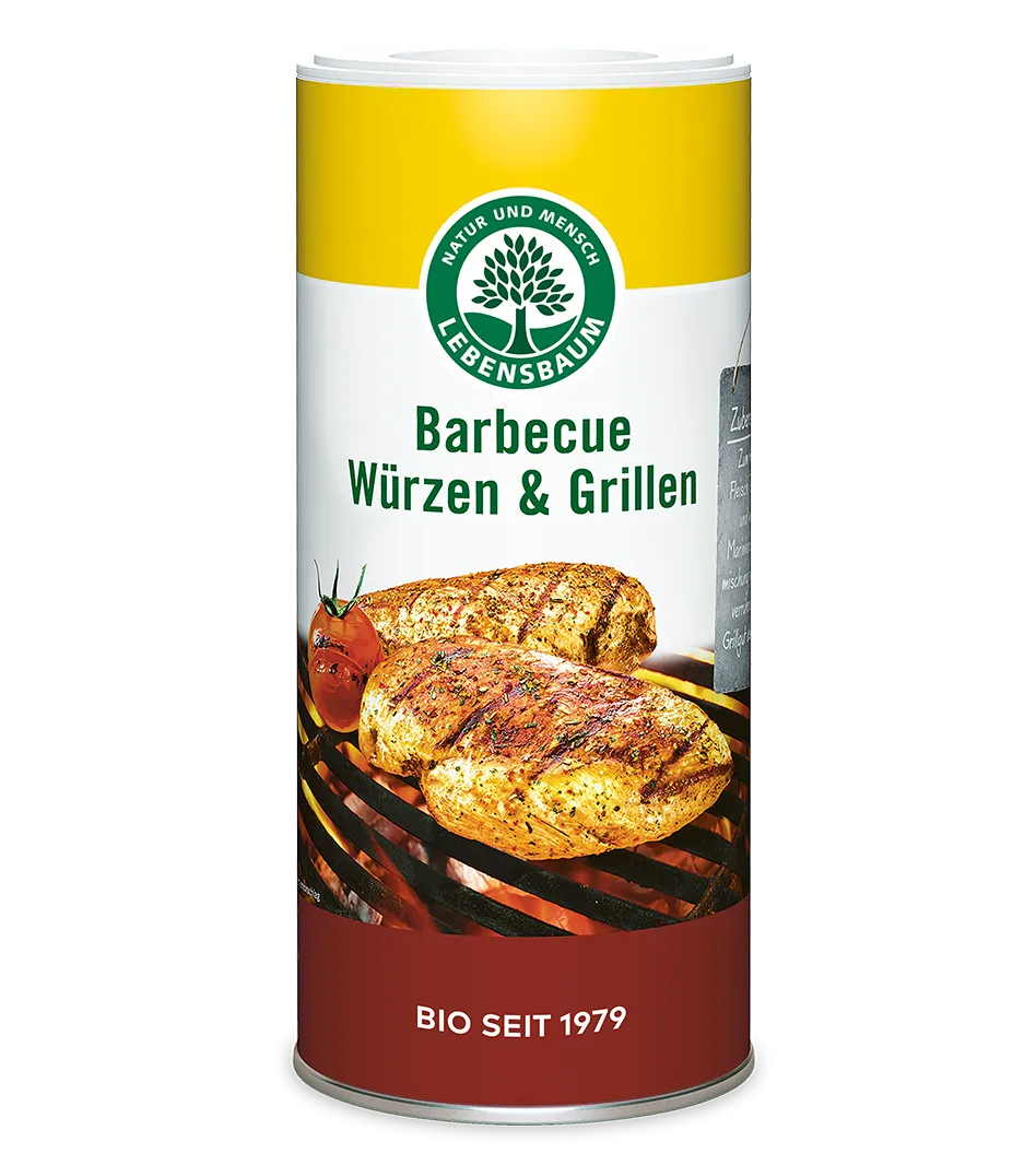 Lebensbaum Barbecue Würzen & Grillen in gelb-weißer Dose mit gegrilltem Fleisch und Tomate, Bio seit 1979