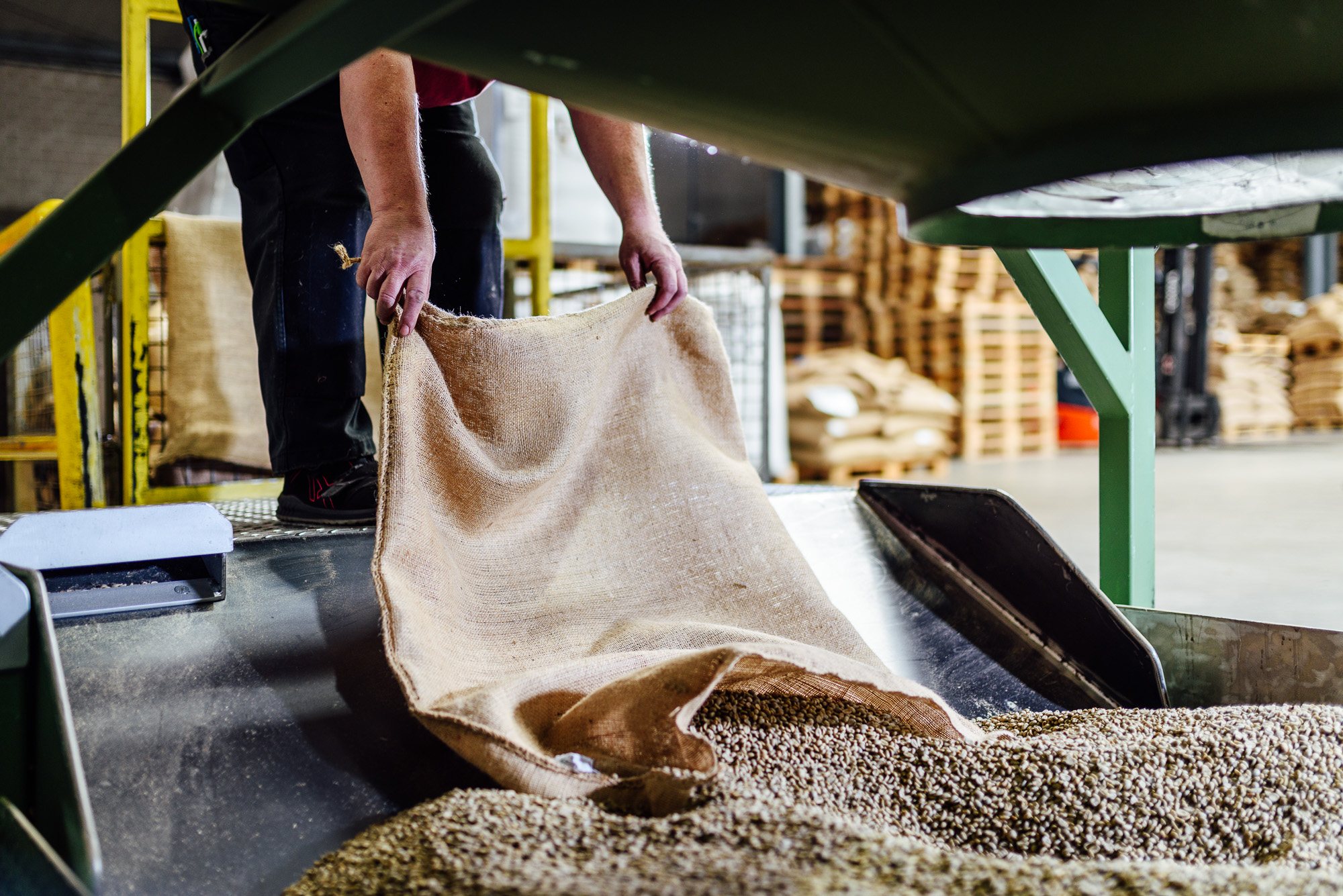 Produktionsmitarbeite von Niehoffs Kaffeerösterei schüttet Sack mit Rohkaffee in die Rösteranlage