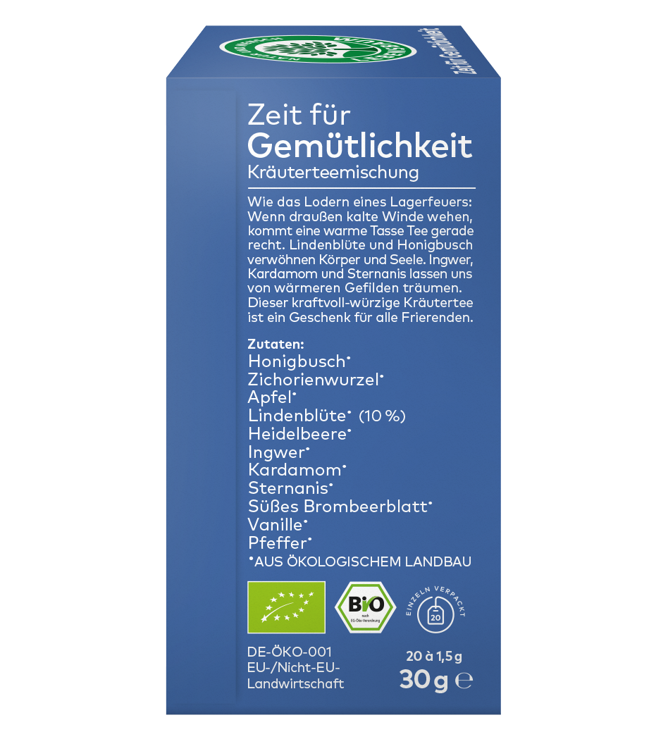 linke Seite Verpackung einer Kräuterteemischung ,,Gemütlichkeit Tee" mit Zutatenangaben und Bio-Siegeln 