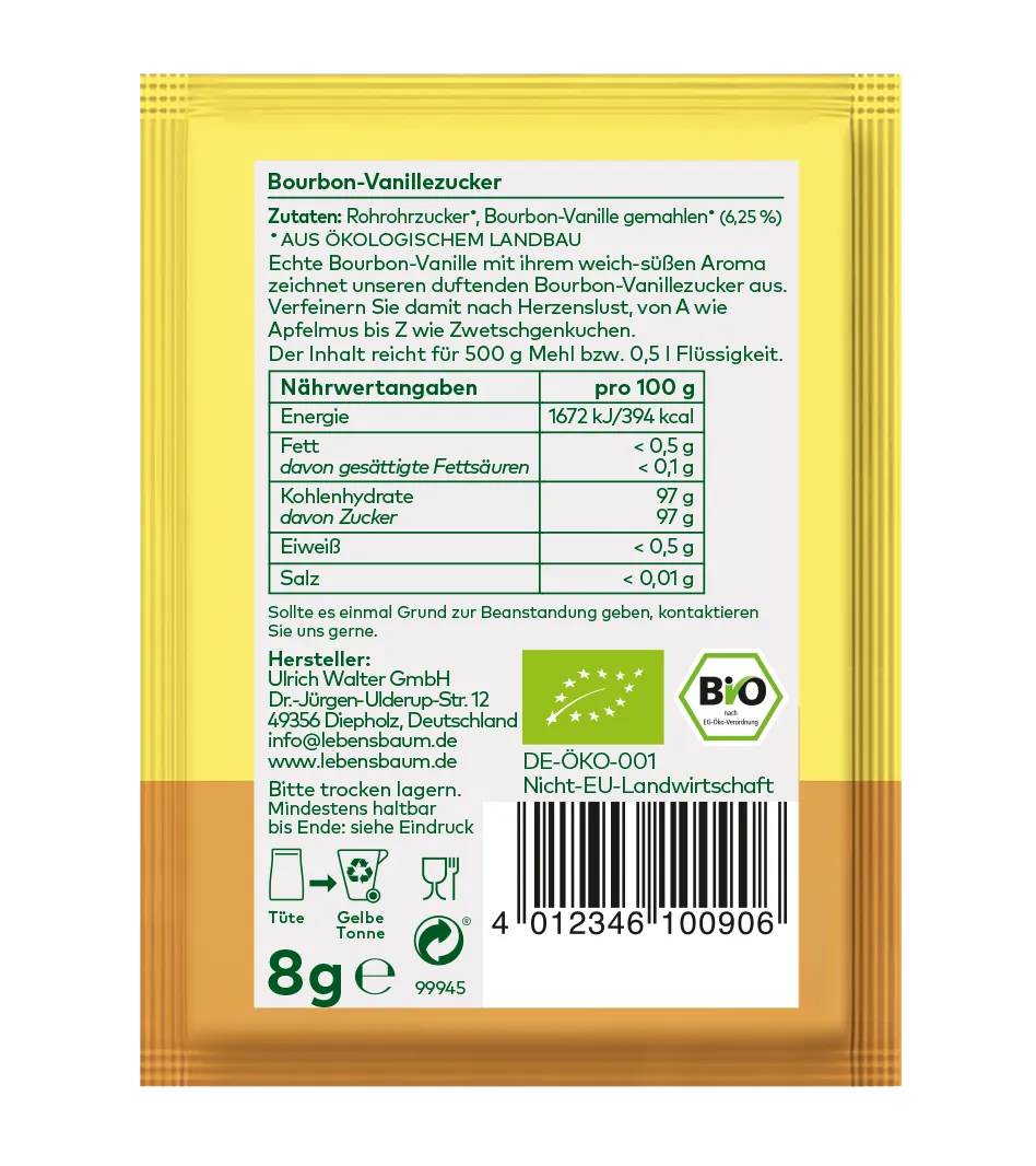Bourbon-Vanillezucker 8g Sachel, Bio-Qualität, gelb-braune Verpackung mit Nährwertangaben und Herstellerinformationen.