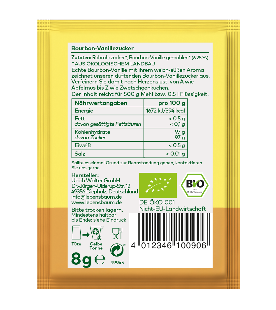 Bourbon-Vanillezucker 8g Sachel, Bio-Qualität, gelb-braune Verpackung mit Nährwertangaben und Herstellerinformationen.