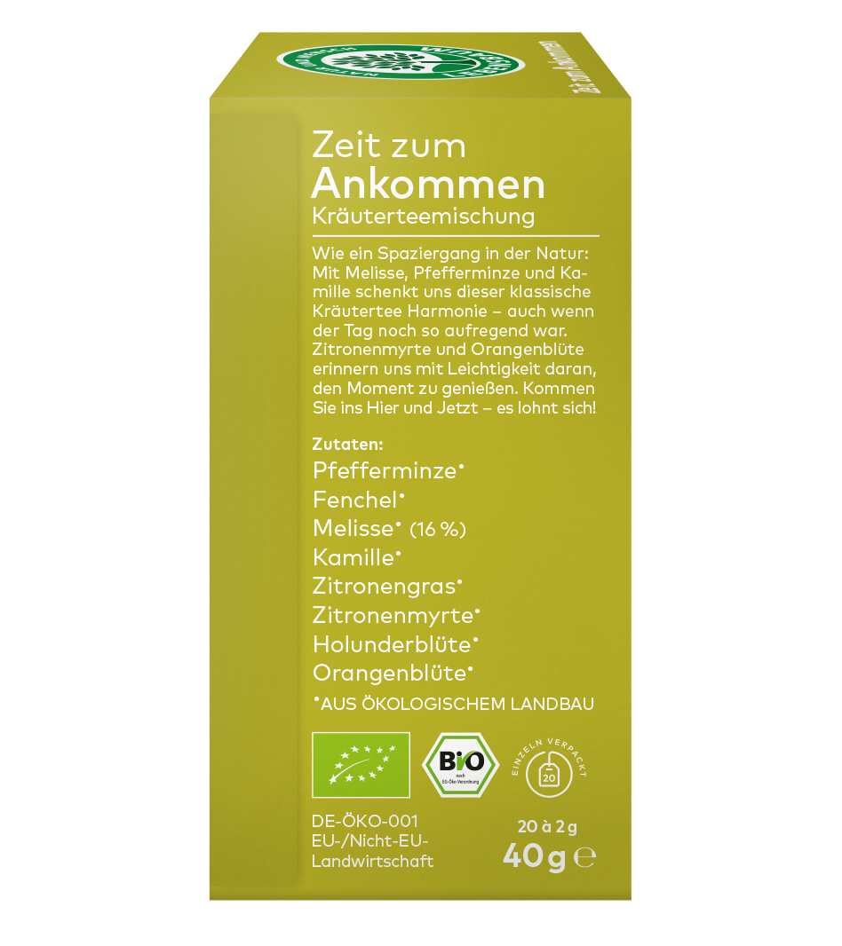 linke Seite Verpackung einer Kräuter Gewürzteemischung ,,Zeit zum Ankommen" mit Zutatenangaben und Bio-Siegeln