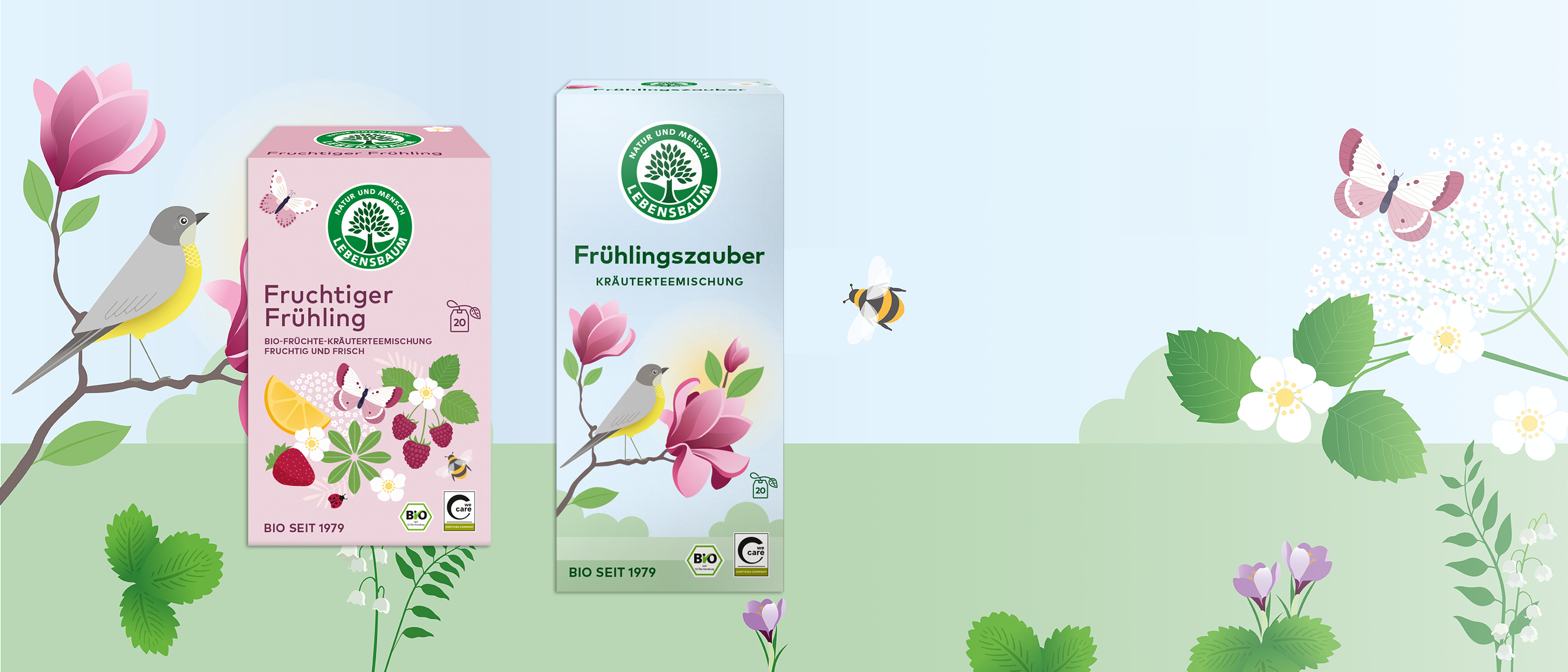 Zwei Packungen Frühlingstee vor einer bunten Frühlingswiese mit Illustrationen von Blumen, Vögeln und Insekten