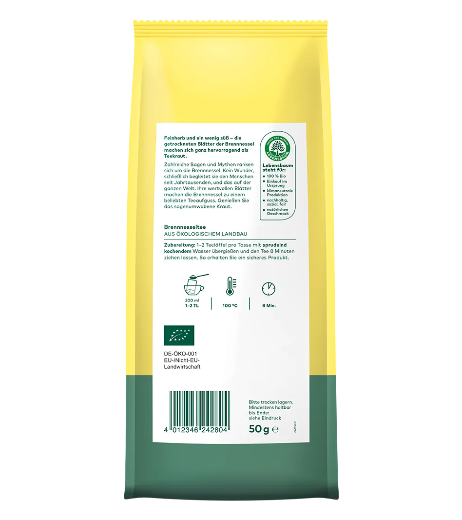 Brennesseltee 50g aus ökologischem Anbau in gelb-grüner Verpackung mit Zubereitungsanleitung und Lebensbaumzertifikat
