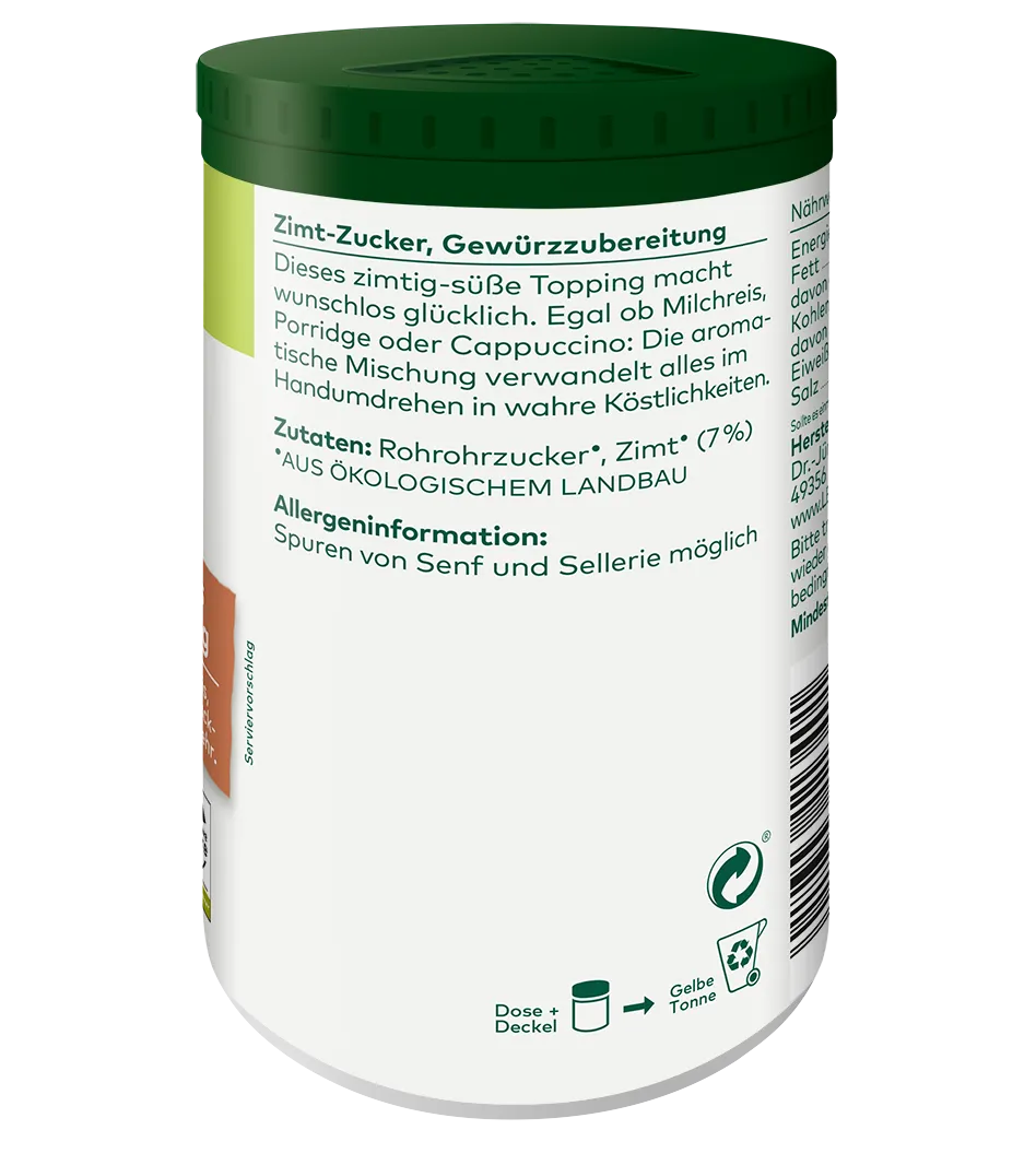 Zimt-Zucker Gewürzzubereitung in weißer Dose mit grünem Deckel, Bio-Qualität, 7% Zimt aus ökologischem Landbau.