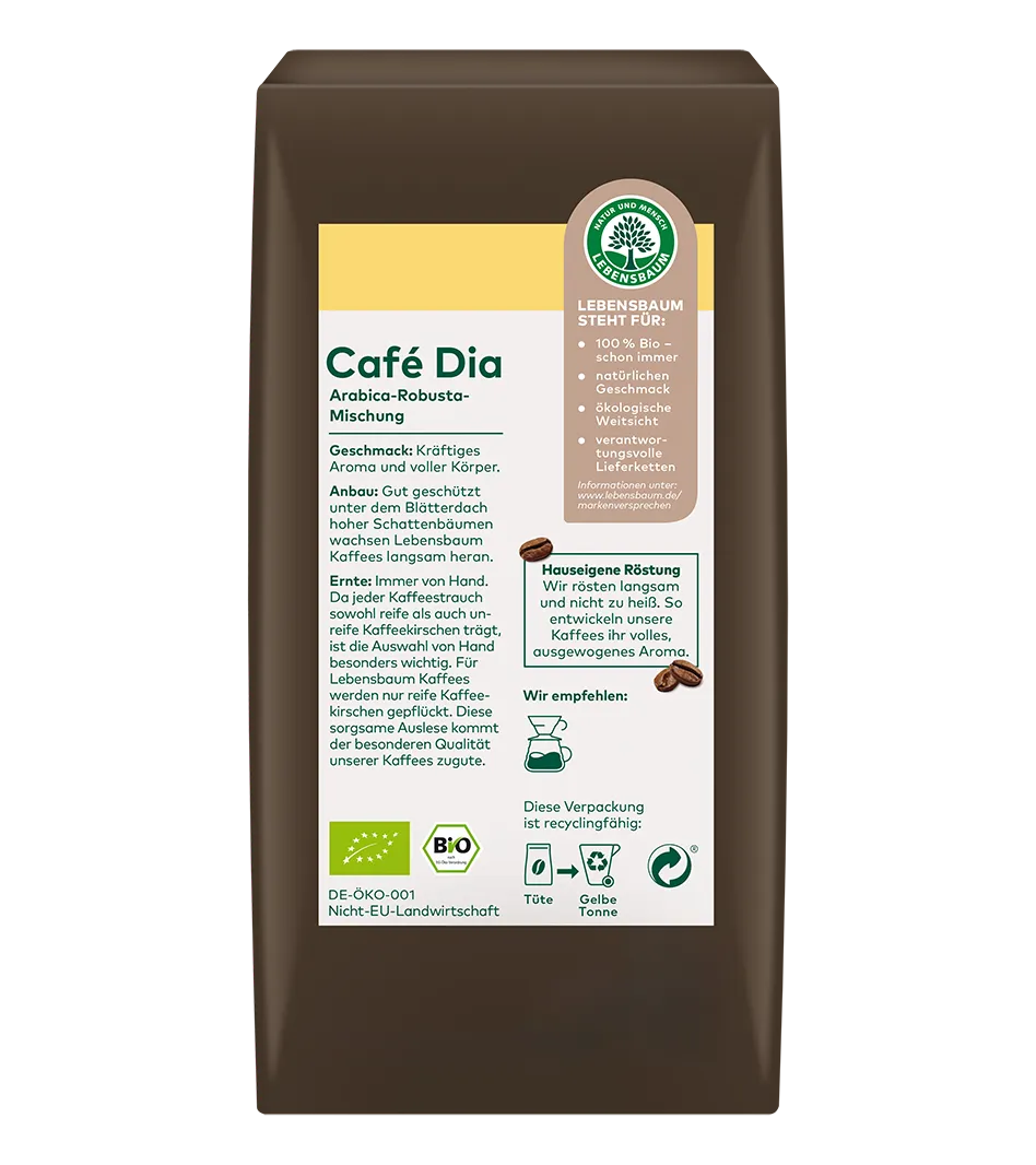 Café Dia Arabica-Robusta-Mischung in brauner Verpackung mit Bio-Zertifikat und Lebensbaumlogo, 100% Bio-Kaffee aus fairem Anbau.