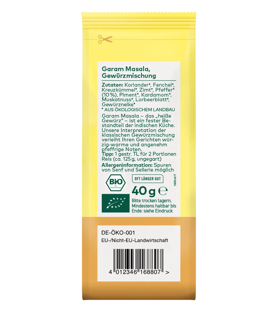 Garam Masala Bio-Gewürzmischung, 40g, gelbe Verpackung mit weißem Etikett, Zutaten: Koriander, Fenchel, Kreuzkümmel, Zimt, Pfeffer, Piment, Kardamom, Muskatnuss, Lorbeerblatt, Gewürznelke
